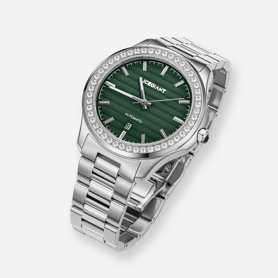 $159 Stainless Iced Moissanite Watch With Olive Green Dial - Image 2