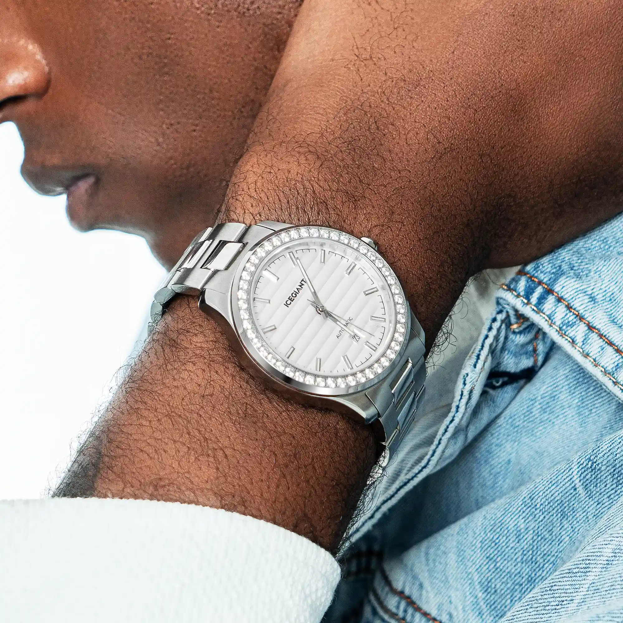 $159 Stainless Iced Moissanite Watch With White Dial - Image 6