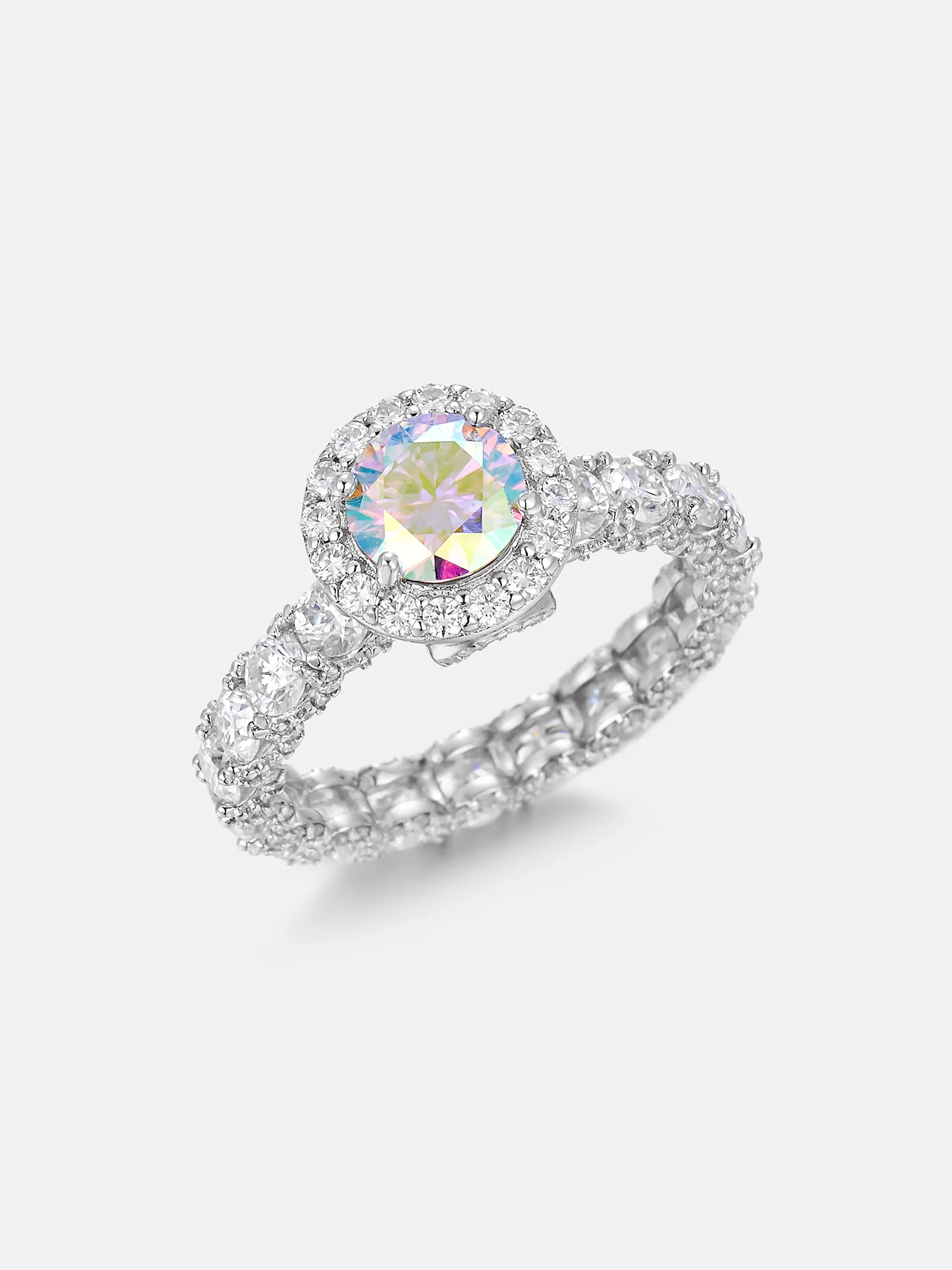 6.5mm Rainbow Moissanite Micro Pave Halo Eternity Ring - Image 2