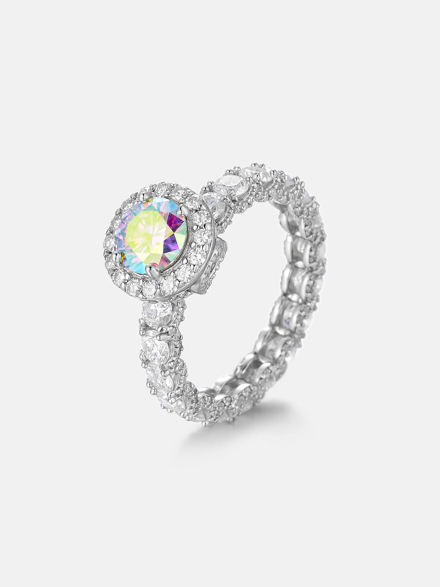 6.5mm Rainbow Moissanite Micro Pave Halo Eternity Ring - Image 4