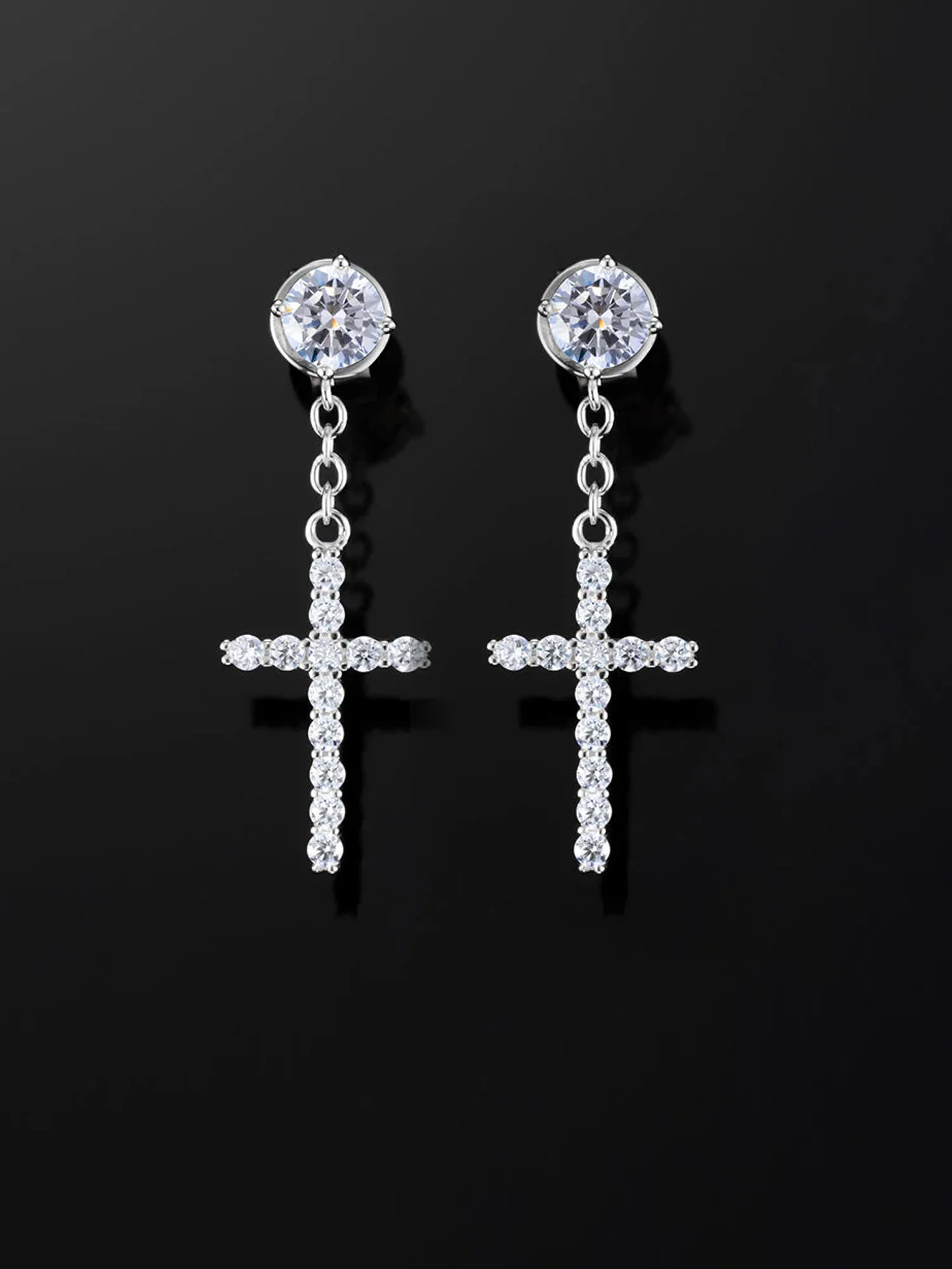 925 Sterling Silver Stud Cross Dangle Moissanite Earrings - Image 3