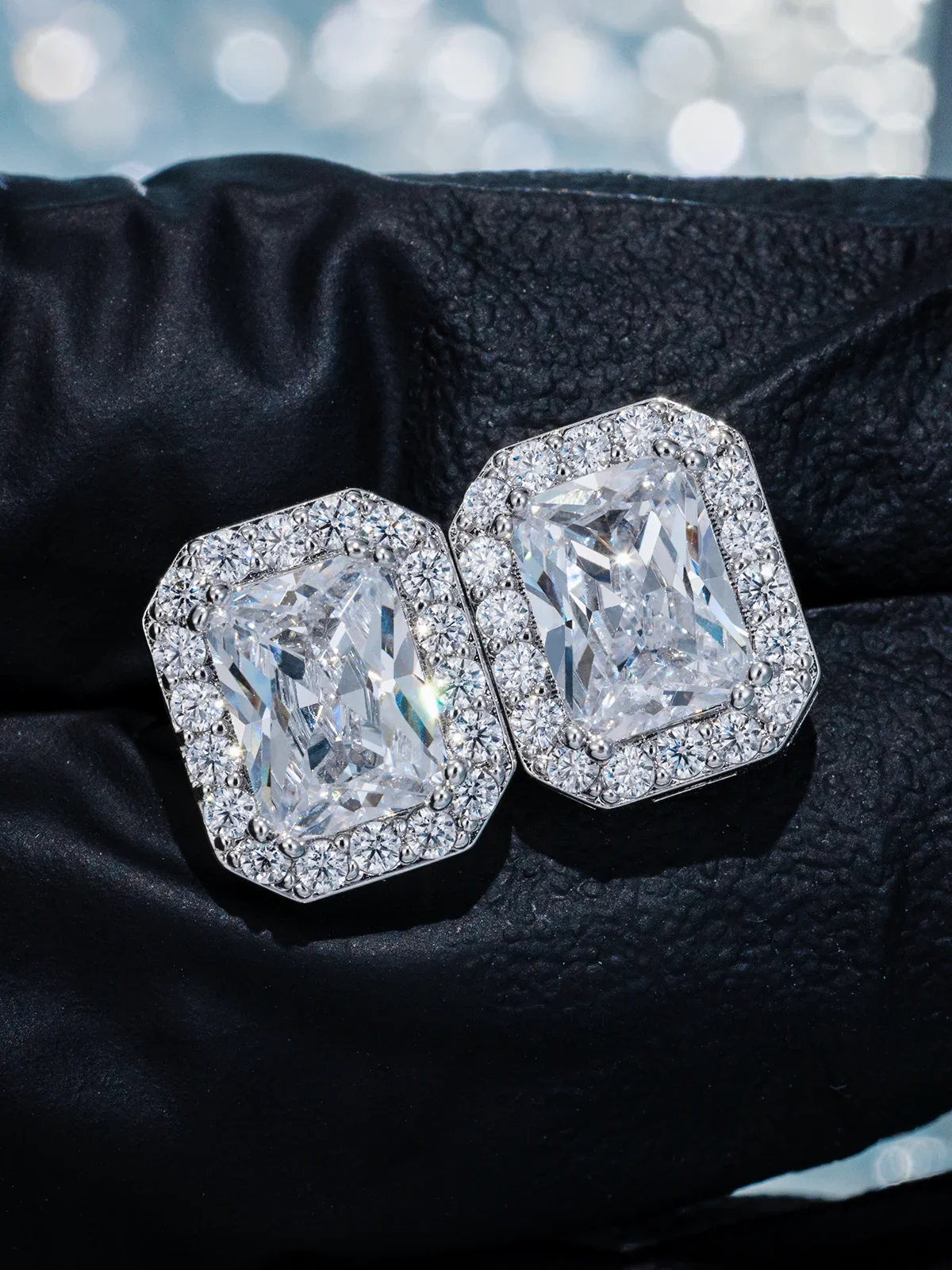 Baguette Moissanite Round Clustered Stud Earrings - Image 5