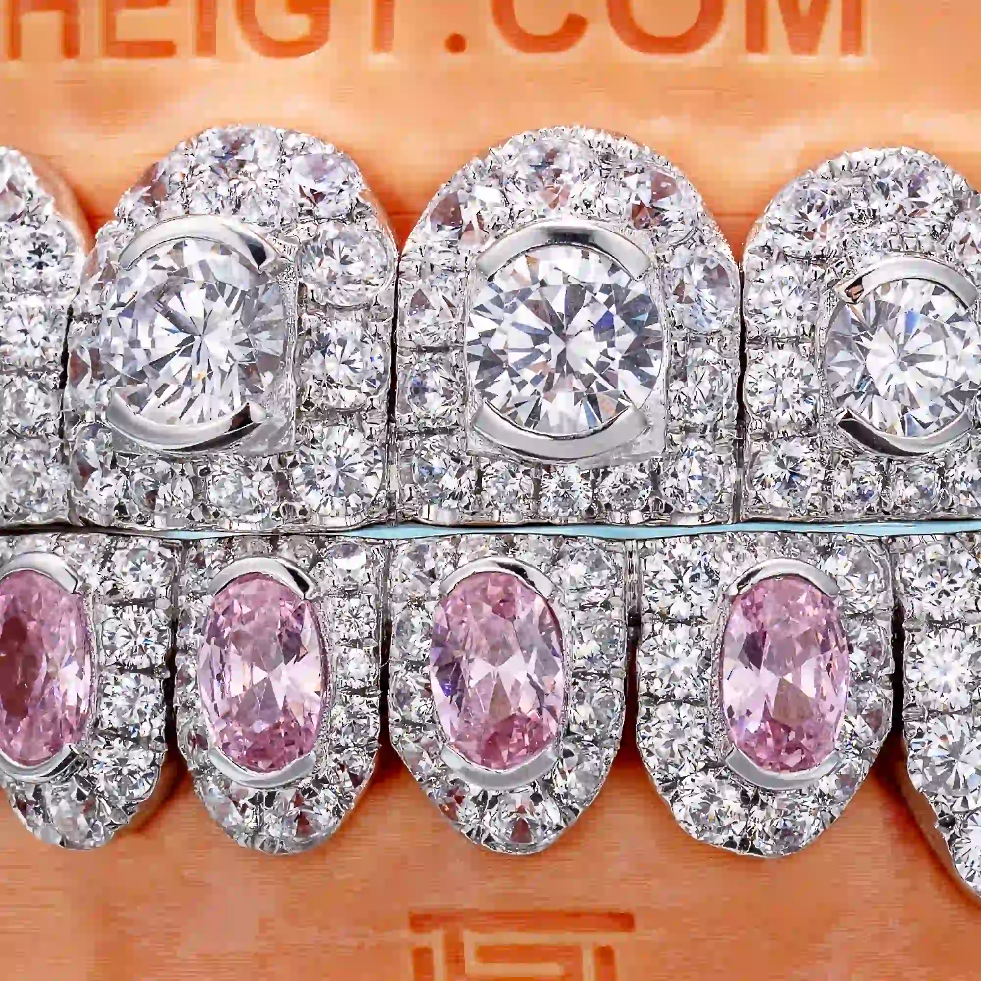 Big Pointer Set Pink Oval Cut & Heart Diamond On Fang Grillz - Image 3
