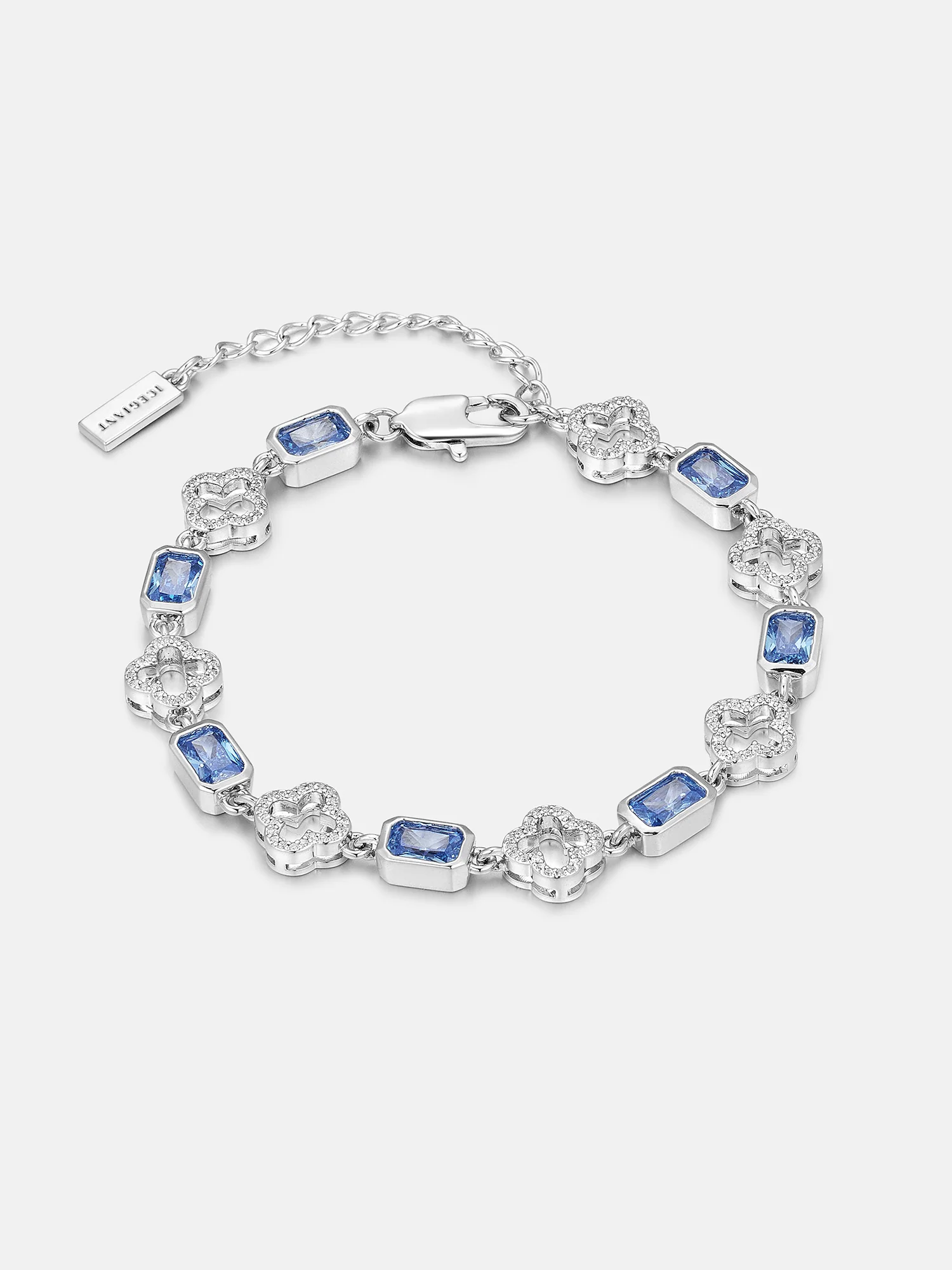 Blue Radiant Gem & White Moissanite Four Leaf Clover Bracelet - Image 2