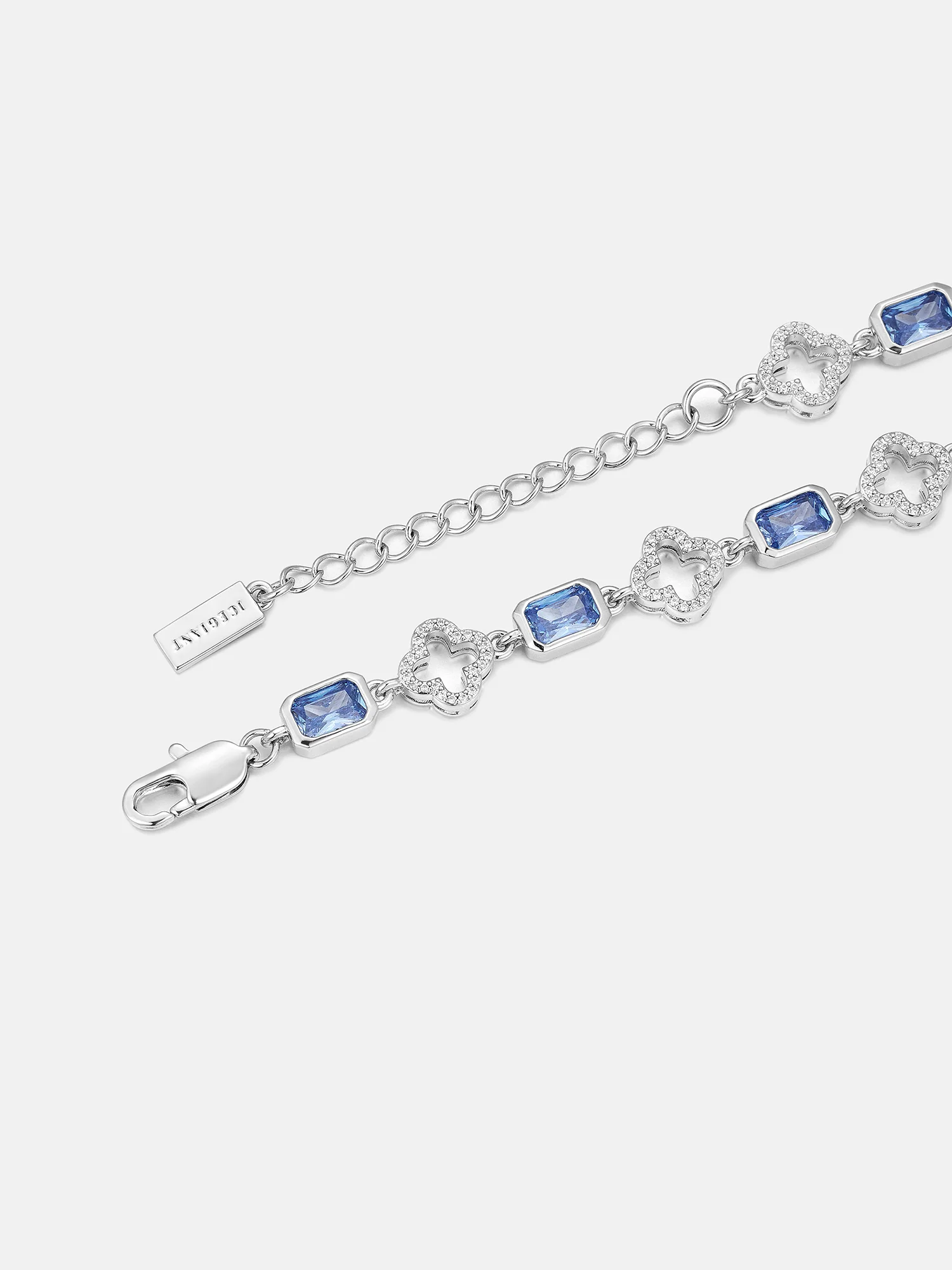 Blue Radiant Gem & White Moissanite Four Leaf Clover Bracelet - Image 3