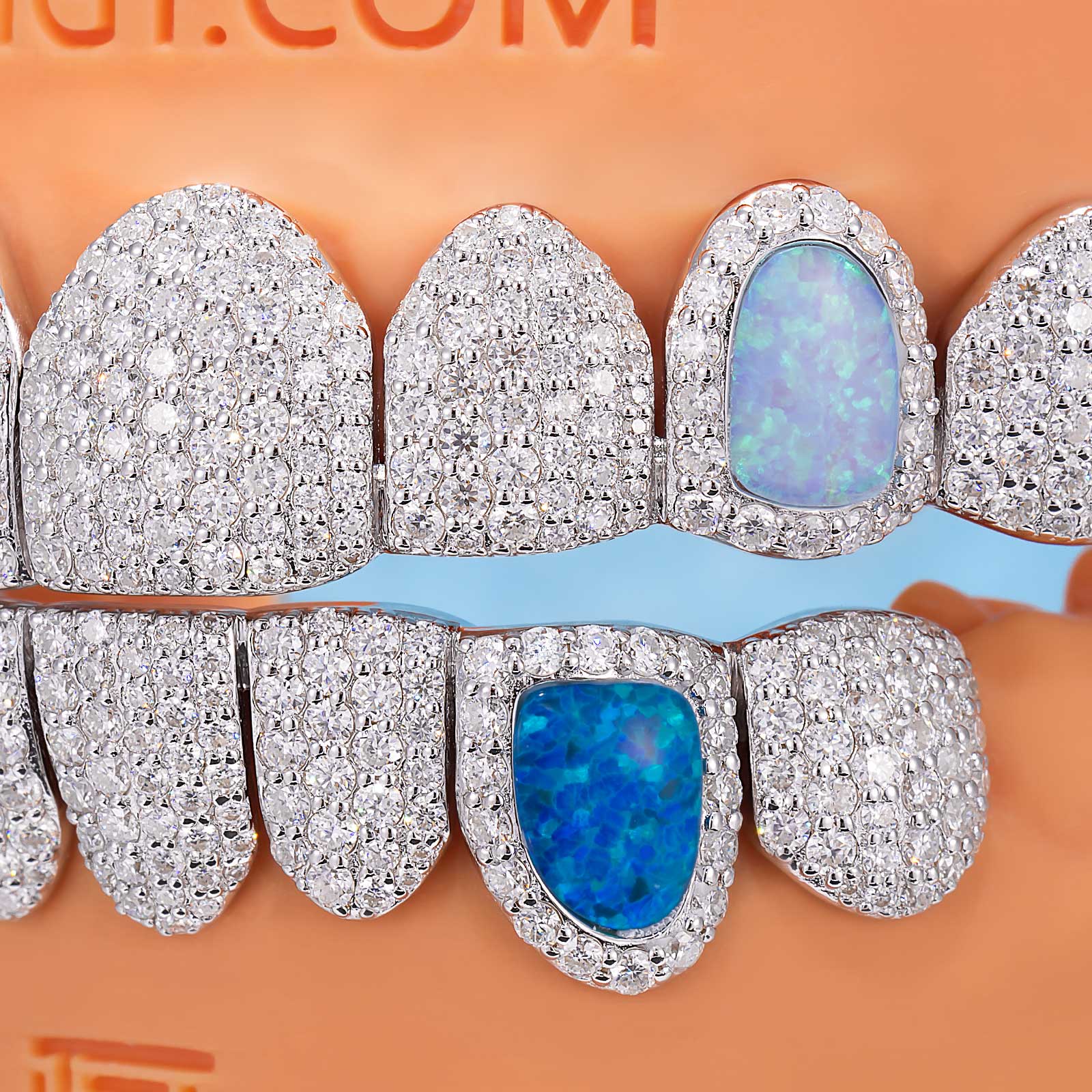 Custom Fully Iced Opal Moissanite Diamond Grillz - Image 5