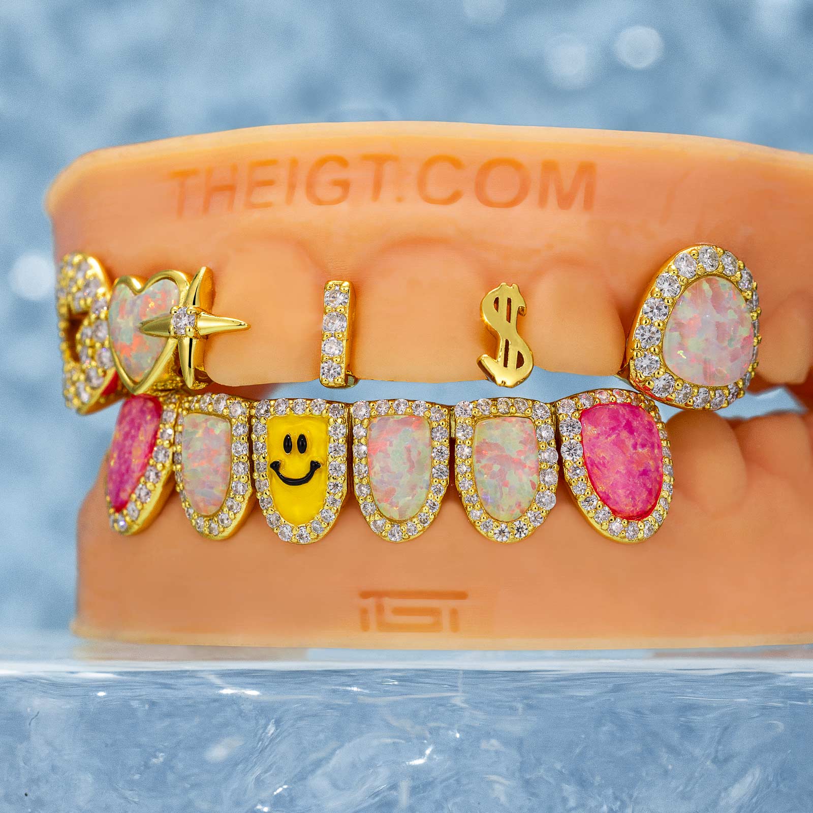 Custom Gap Bar & Colored Opal W Smile Face Grillz - Image 6