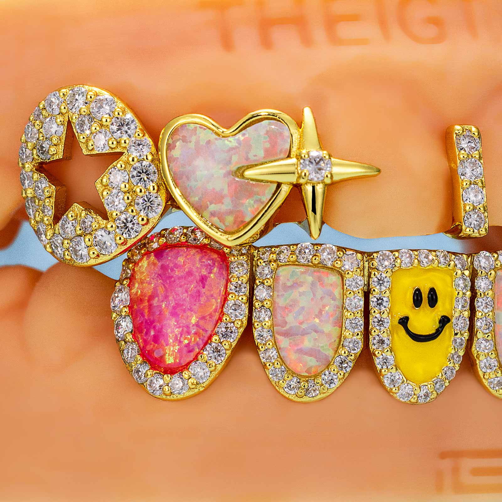 Custom Gap Bar & Colored Opal W Smile Face Grillz - Image 7