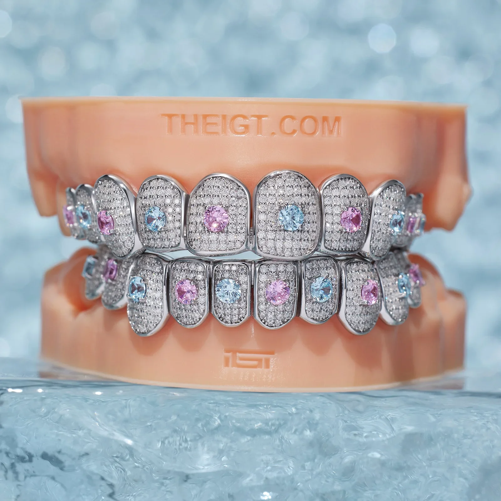 Custom Moissanite With Blue & Red Gemstone Grillz