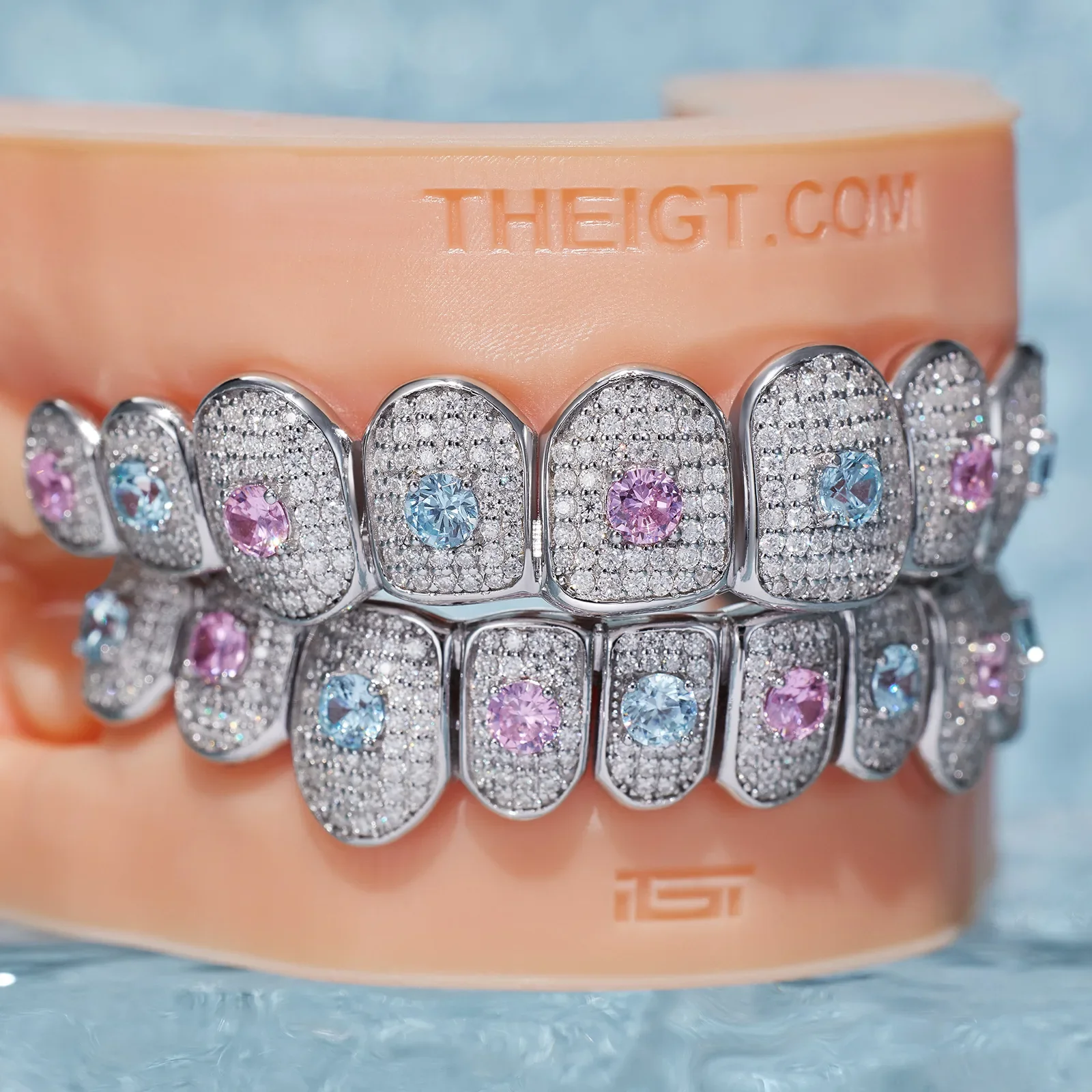 Custom Moissanite With Blue & Red Gemstone Grillz - Image 2