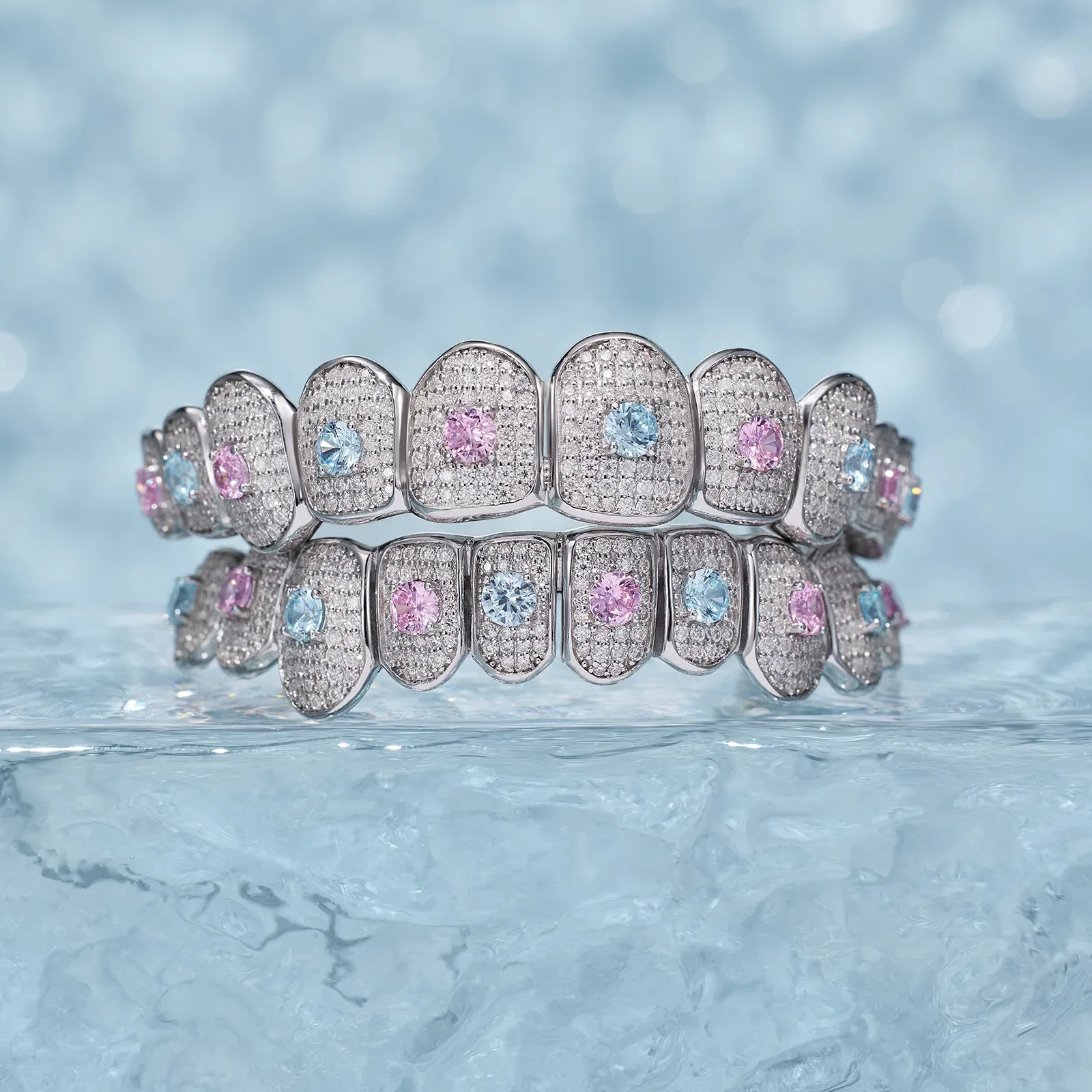 Custom Moissanite With Blue & Red Gemstone Grillz - Image 3