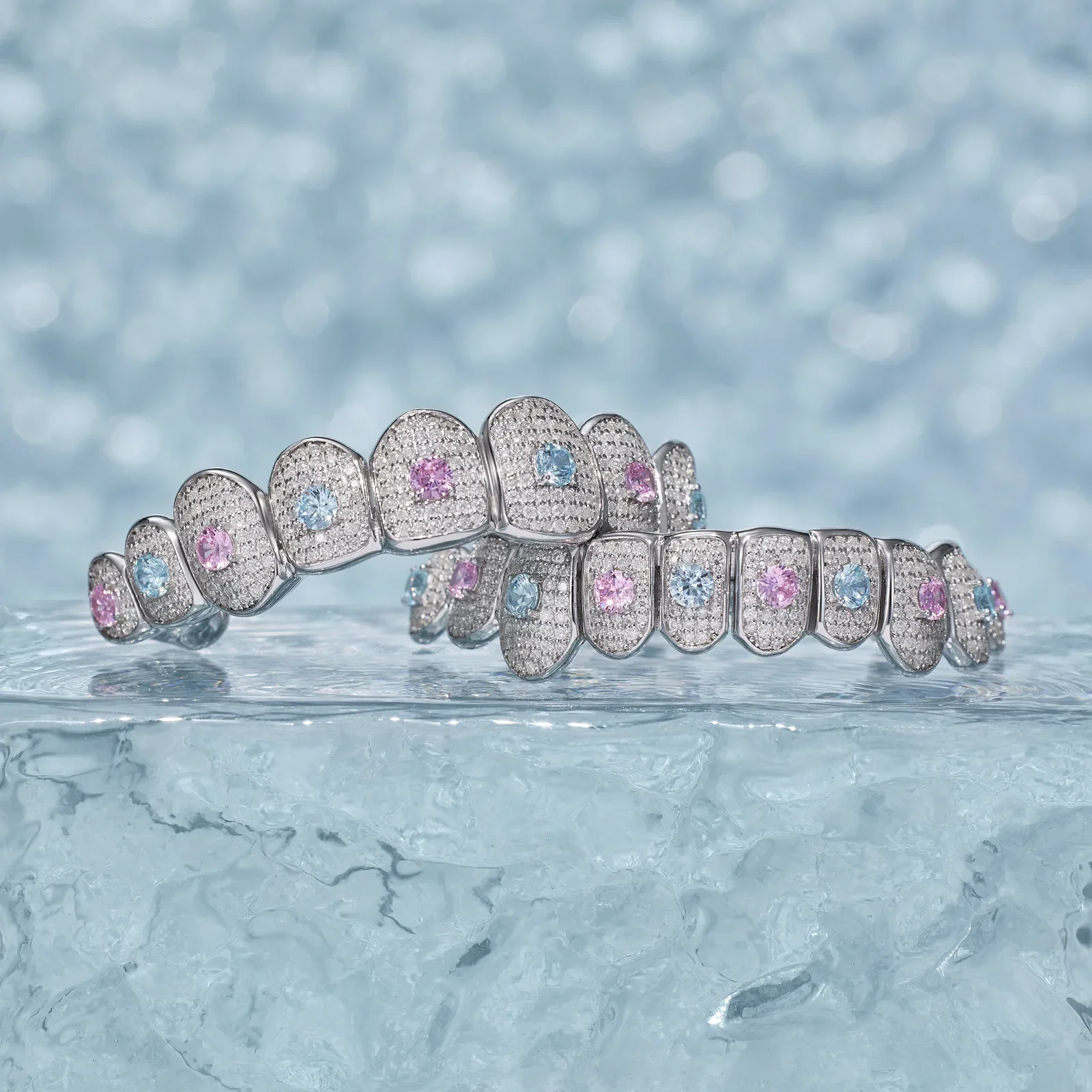 Custom Moissanite With Blue & Red Gemstone Grillz - Image 4