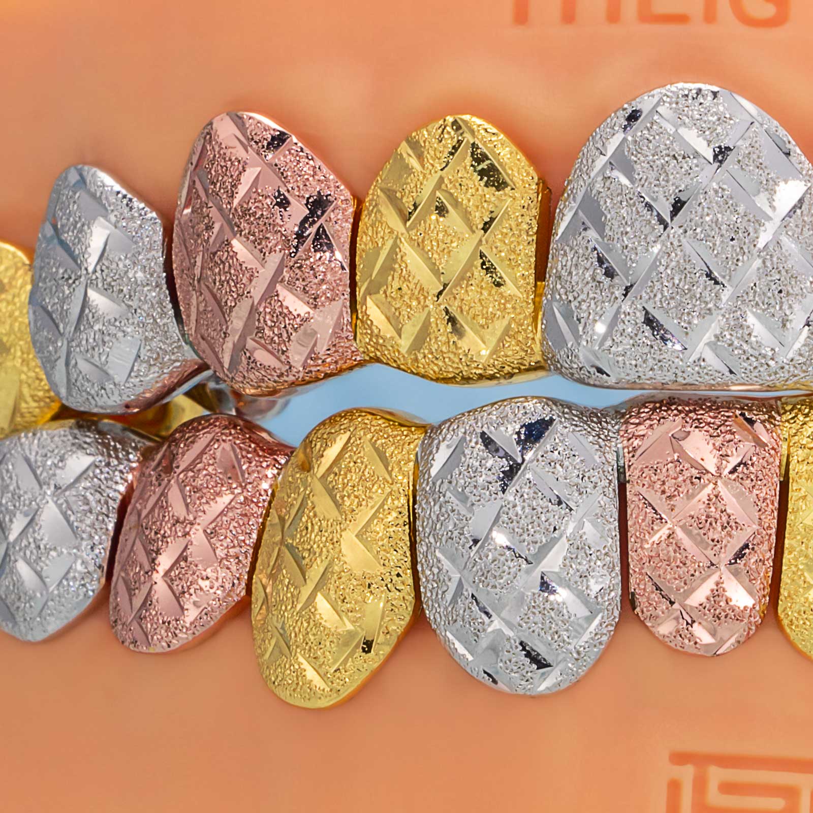 Custom Tri-Tone Diamond Dust And Diamond Cut Grillz - Image 2