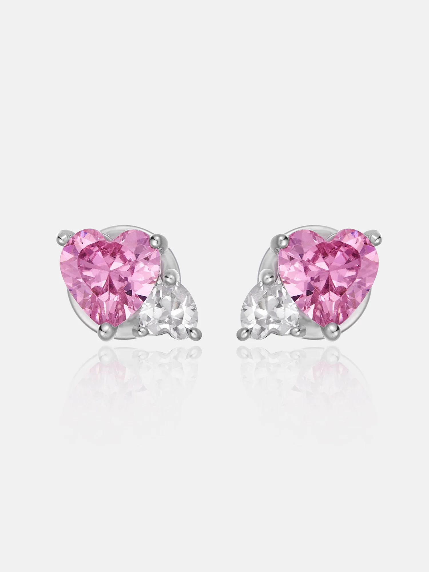 Duo Heart Pink & White Moissanite Stud Earrings