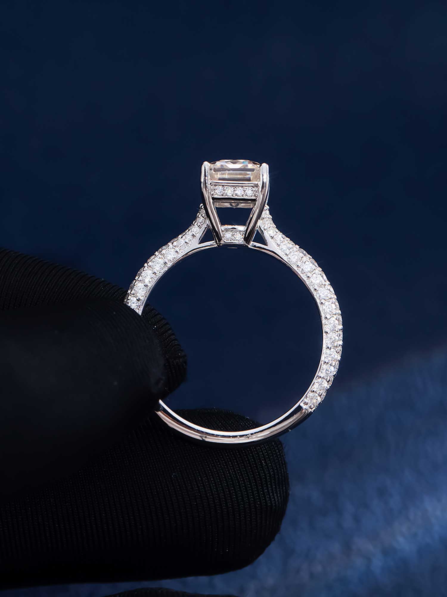 Emerald Cut Halo Ring with Side Diamonds - Image 5