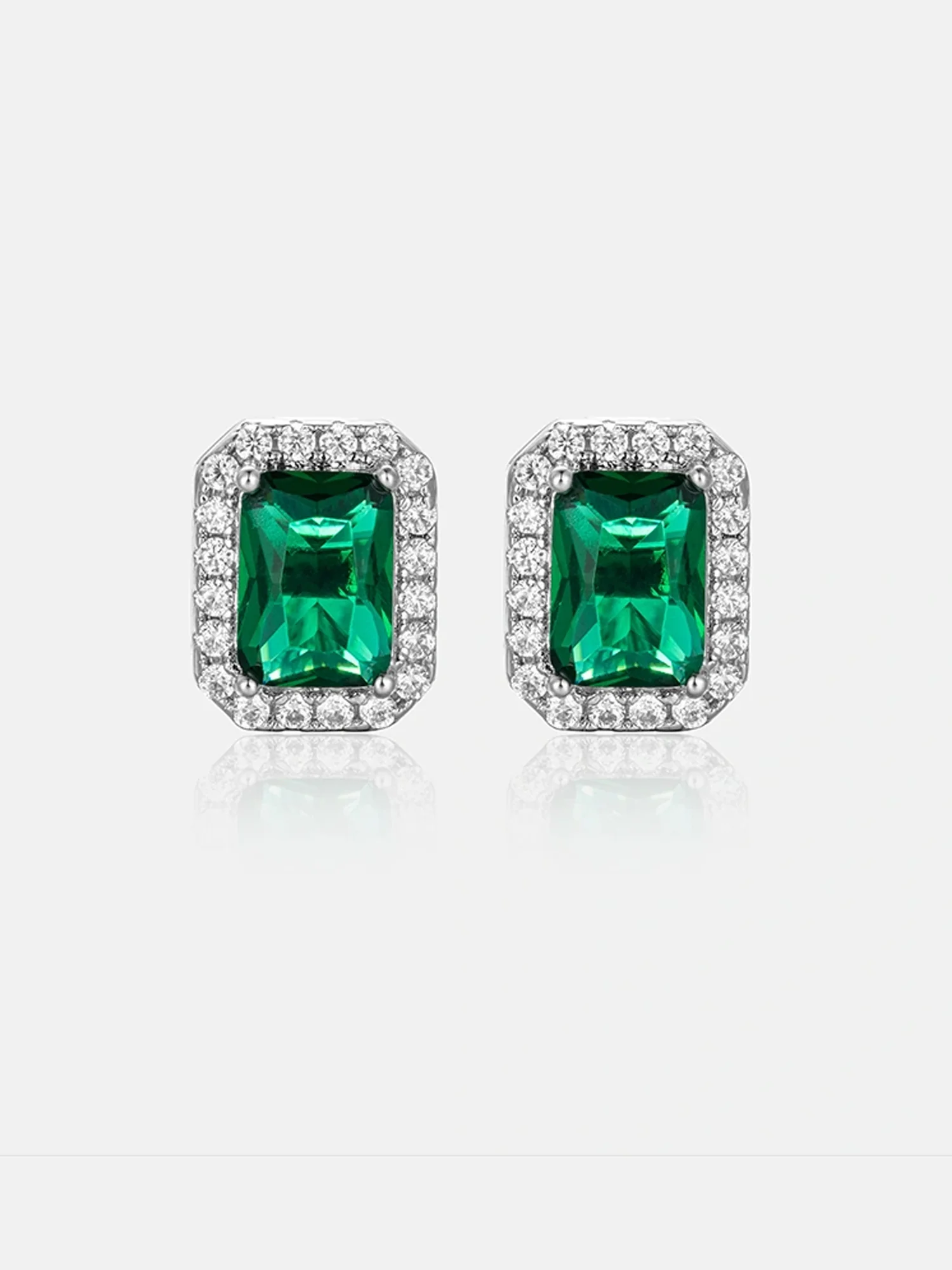 Green Moissanite Emerald Cut Halo Stud Earrings