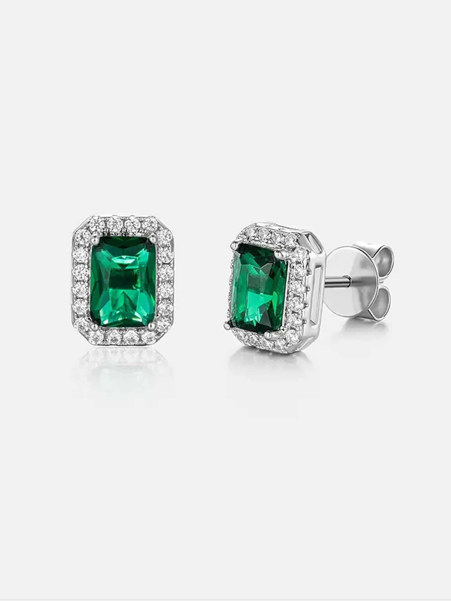 Green Moissanite Emerald Cut Halo Stud Earrings - Image 2
