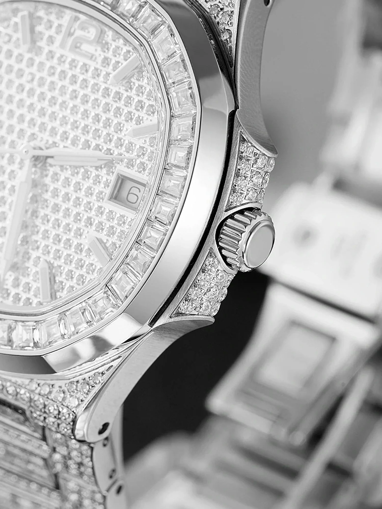 Iced Out Baguette Cut Moissanite Watch in White Gold - Image 6