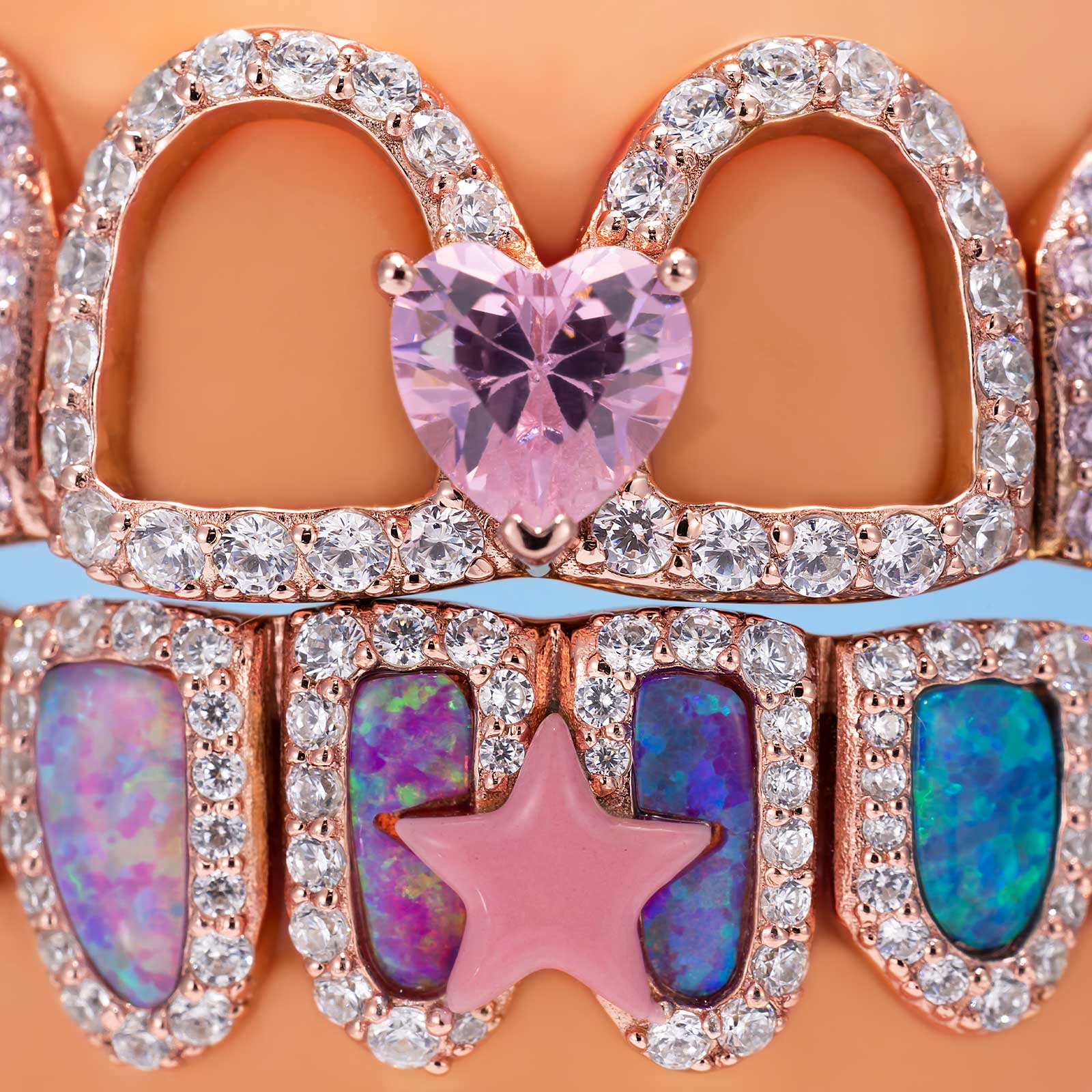 Kawaii Opal Pink Heart & Ribbon Grillz - Image 3