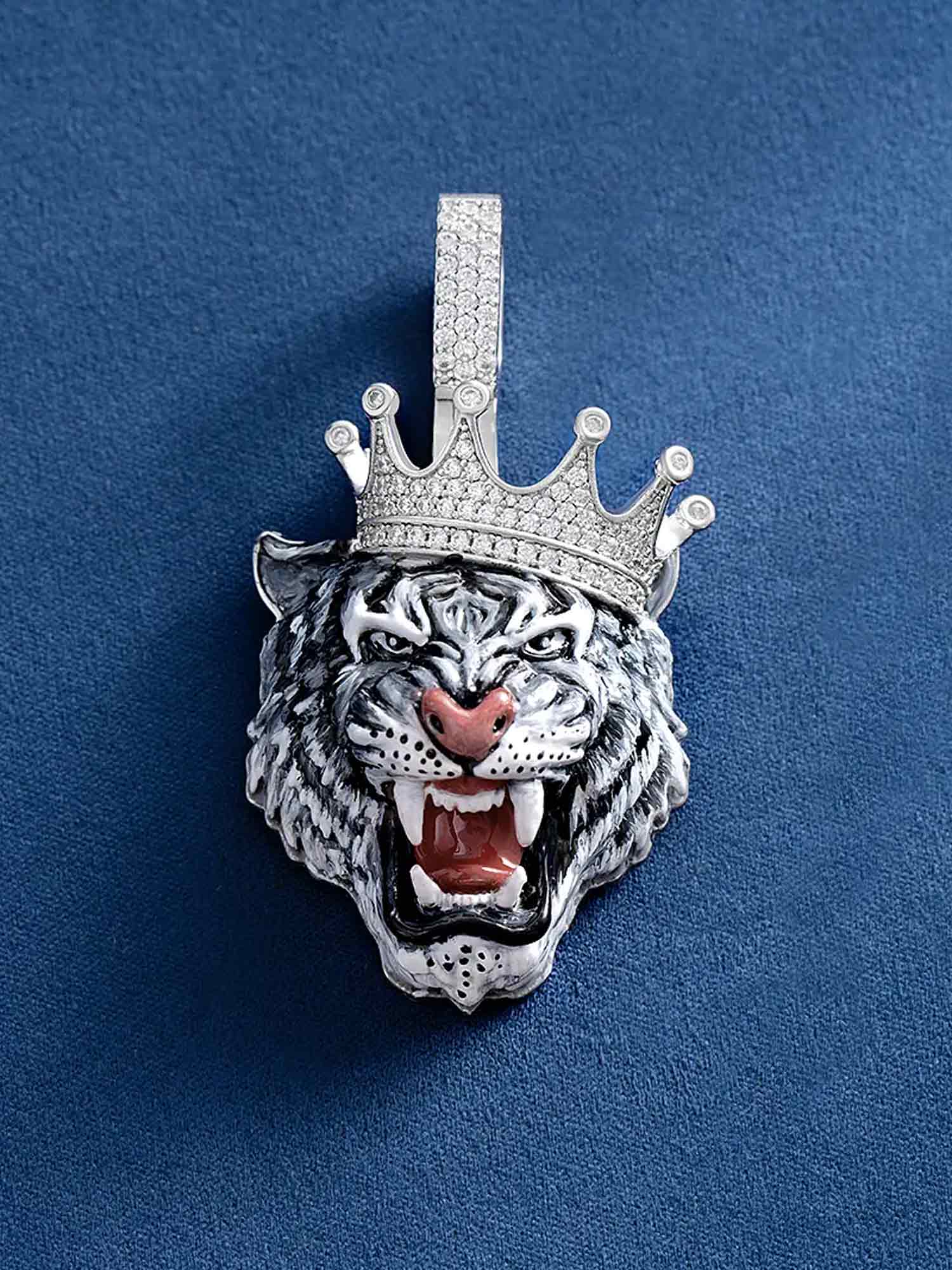 Moissanite Enamel Crown Tiger Pendant - Image 3