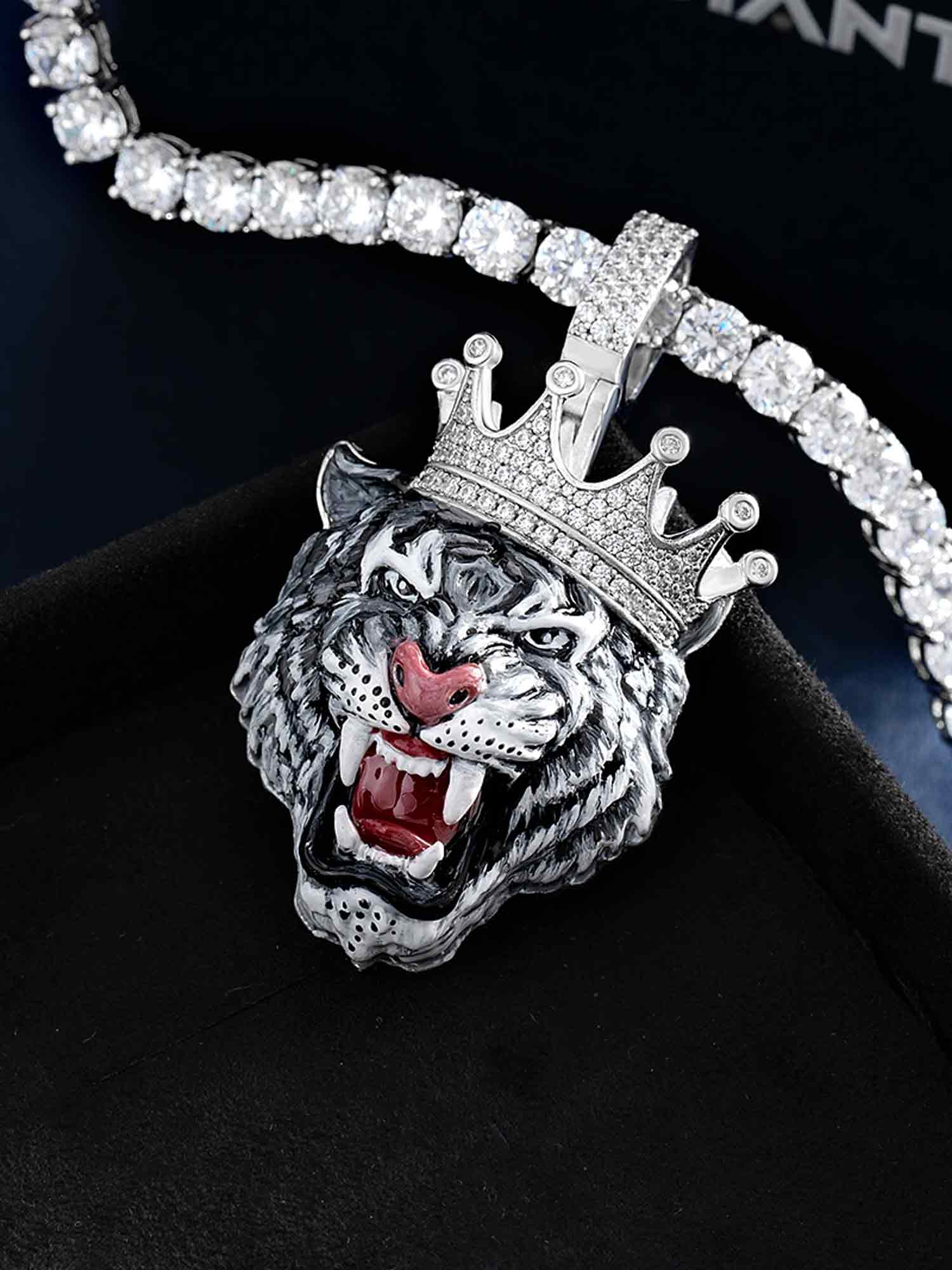 Moissanite Enamel Crown Tiger Pendant - Image 6