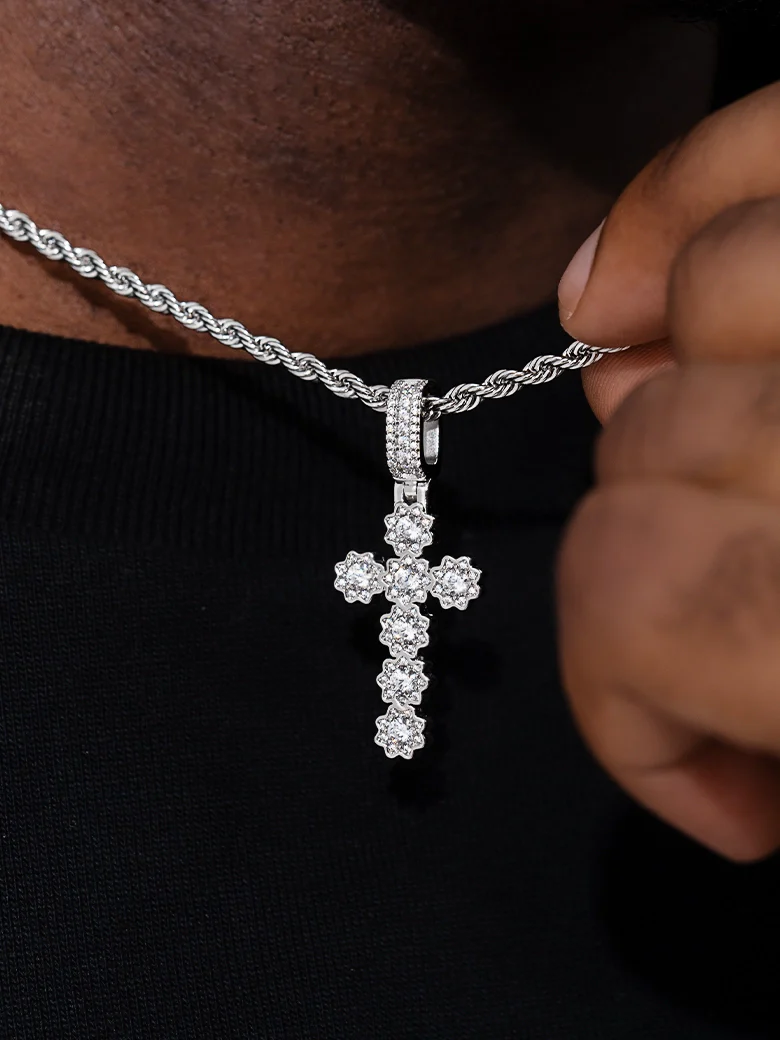 Moissanite Flower Shape Cross Pendant - Image 7