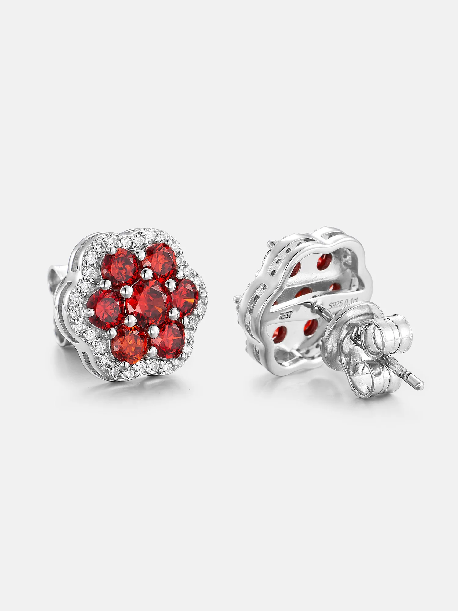Moissanite Ruby Flower Cluster Stud Earrings - Image 3