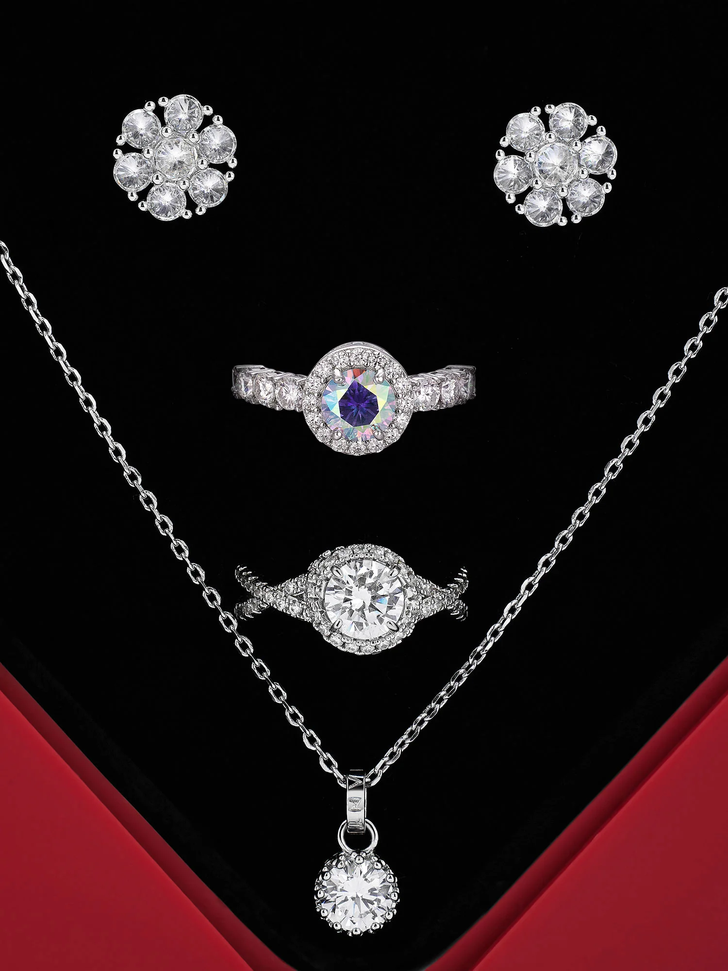 Moissanite Spike Cluster Earrings + 1CT Solitaire Necklace + Couple Rings (4-Piece Set) - Image 2