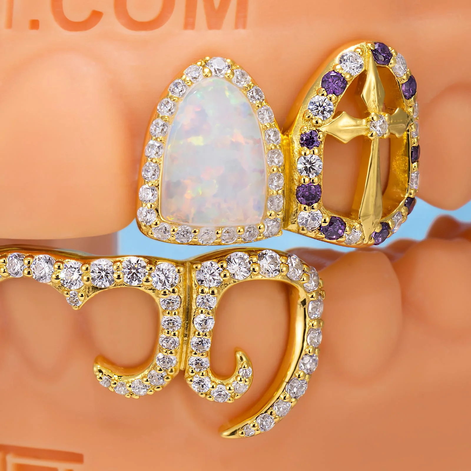 Opal & Cross Spacer With Curved Diamond Bar Grillz - Image 3