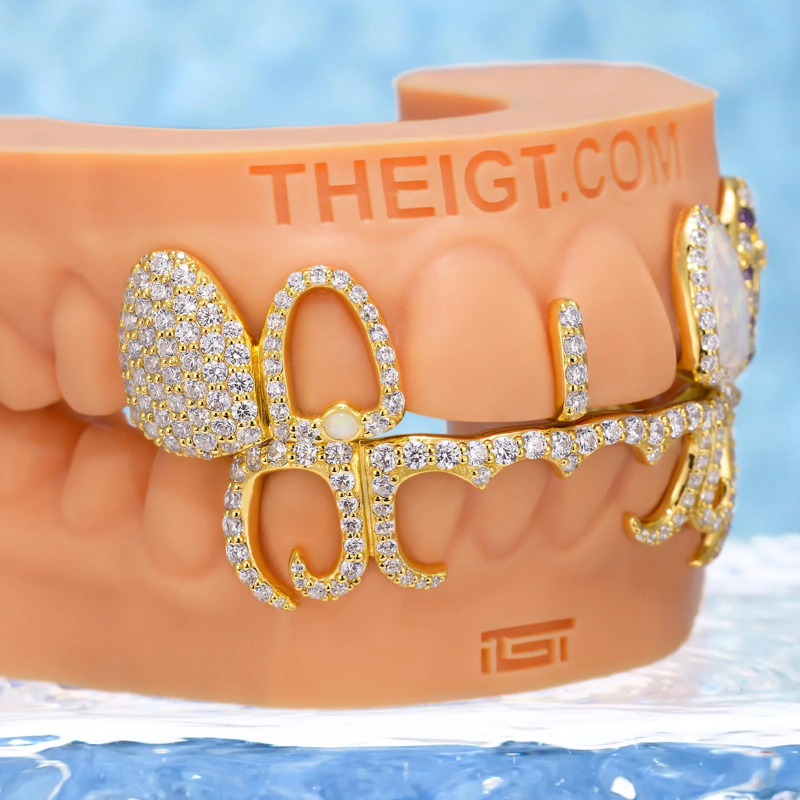 Opal & Cross Spacer With Curved Diamond Bar Grillz - Image 4