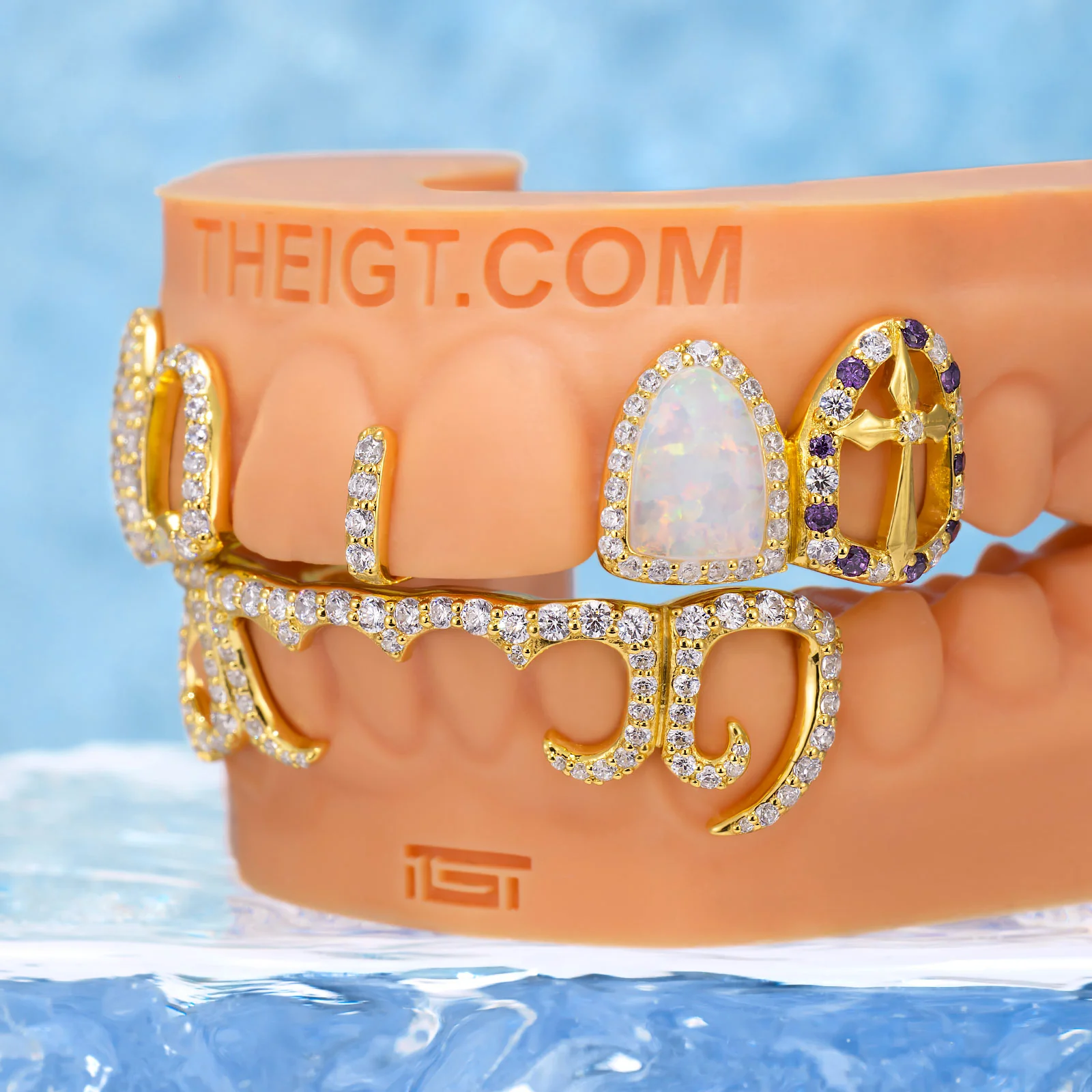 Opal & Cross Spacer With Curved Diamond Bar Grillz - Image 5