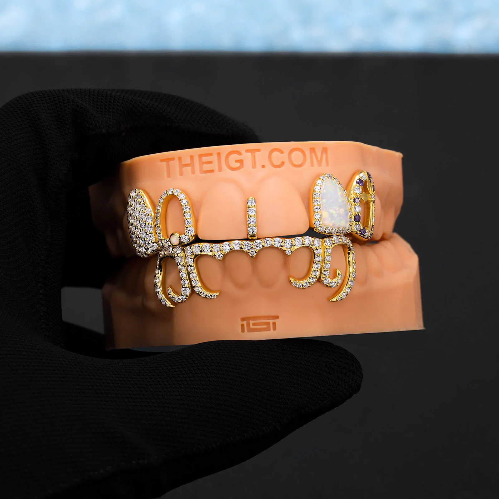 Opal & Cross Spacer With Curved Diamond Bar Grillz - Image 6