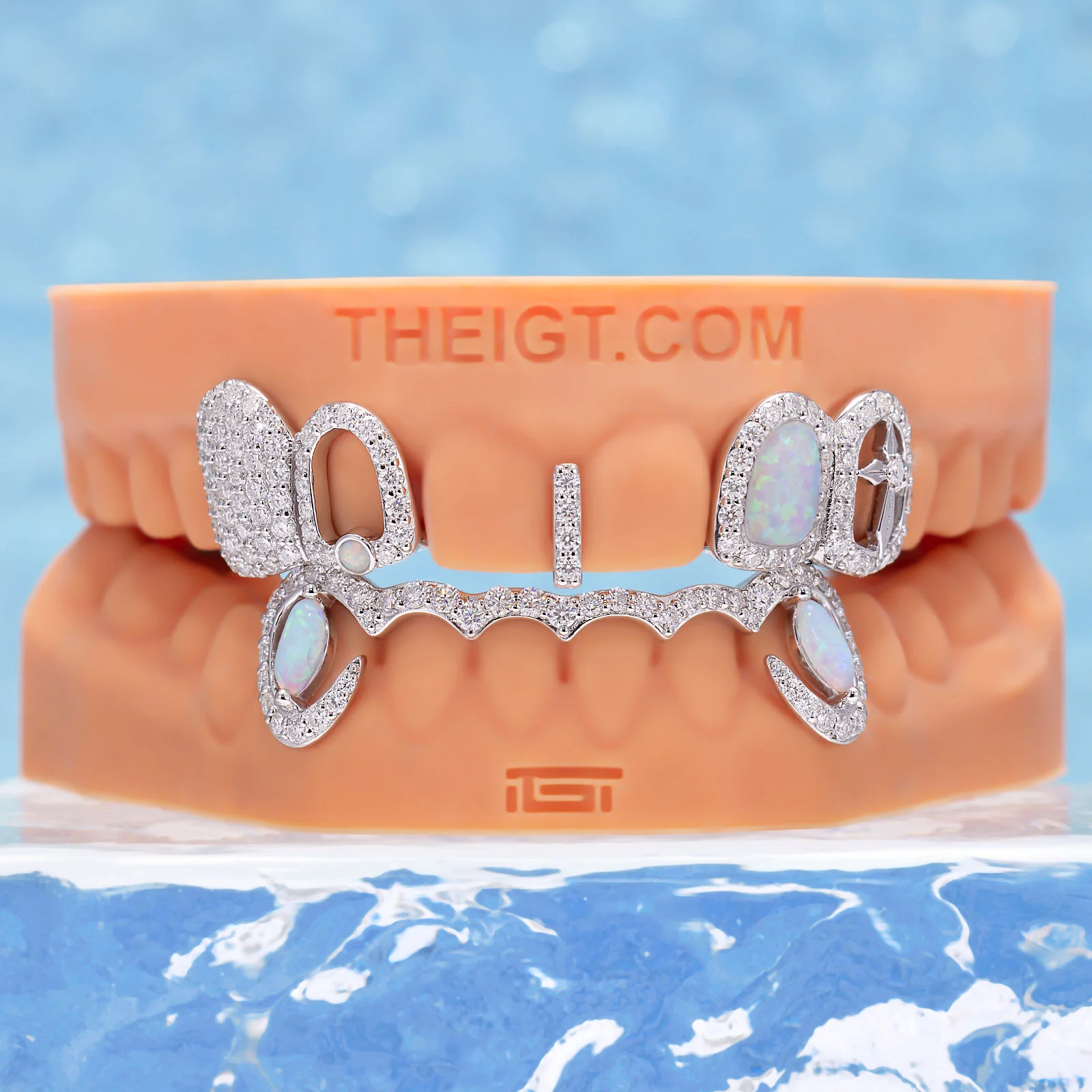 Opal & Cross Spacer With Curved Diamond Bar Grillz - Image 7