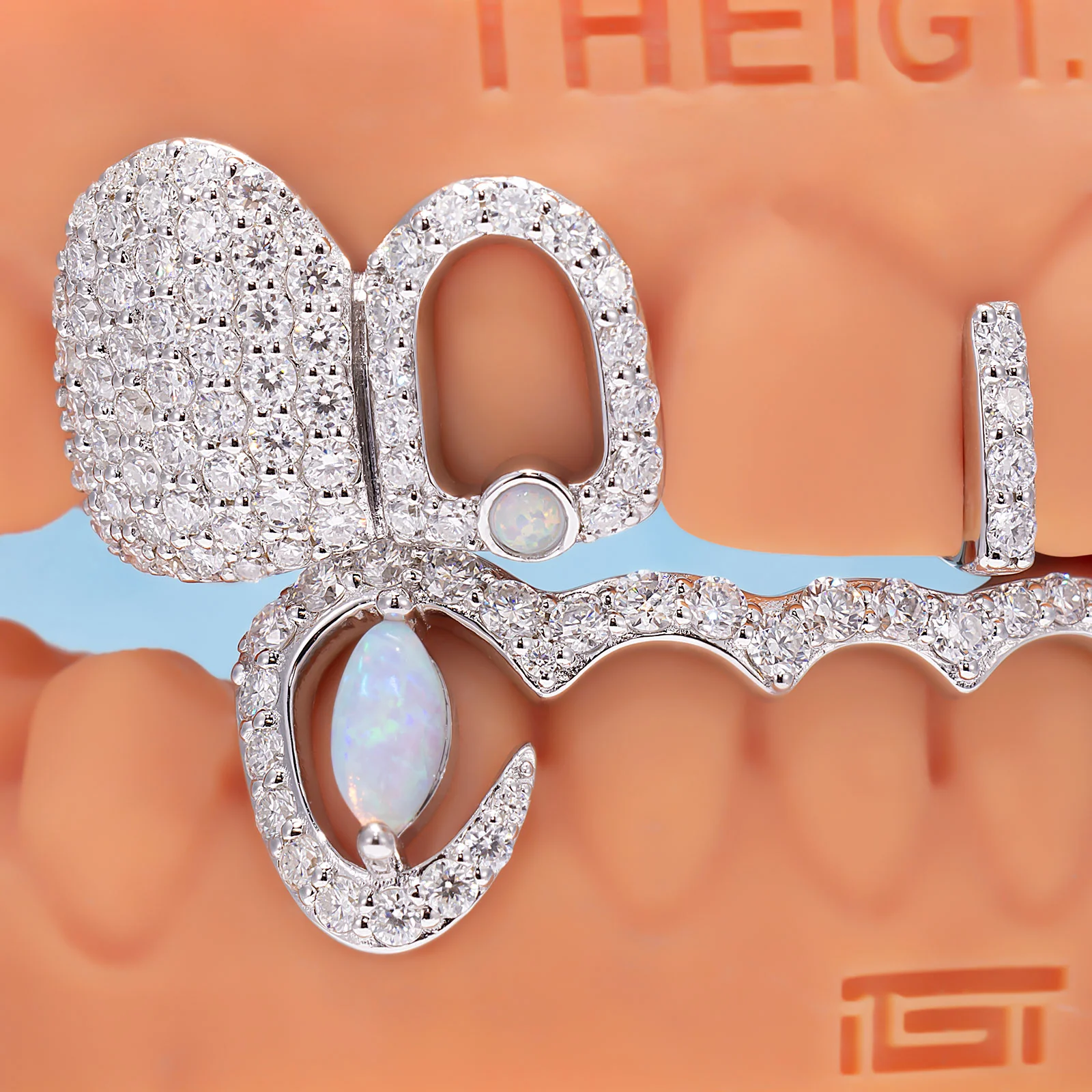 Opal & Cross Spacer With Curved Diamond Bar Grillz - Image 8