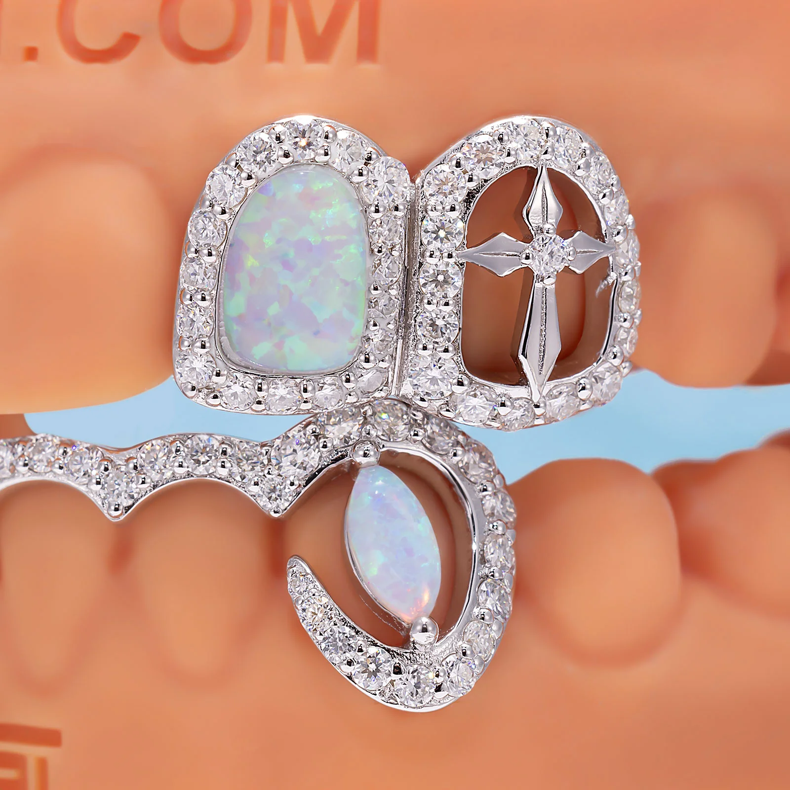 Opal & Cross Spacer With Curved Diamond Bar Grillz - Image 9