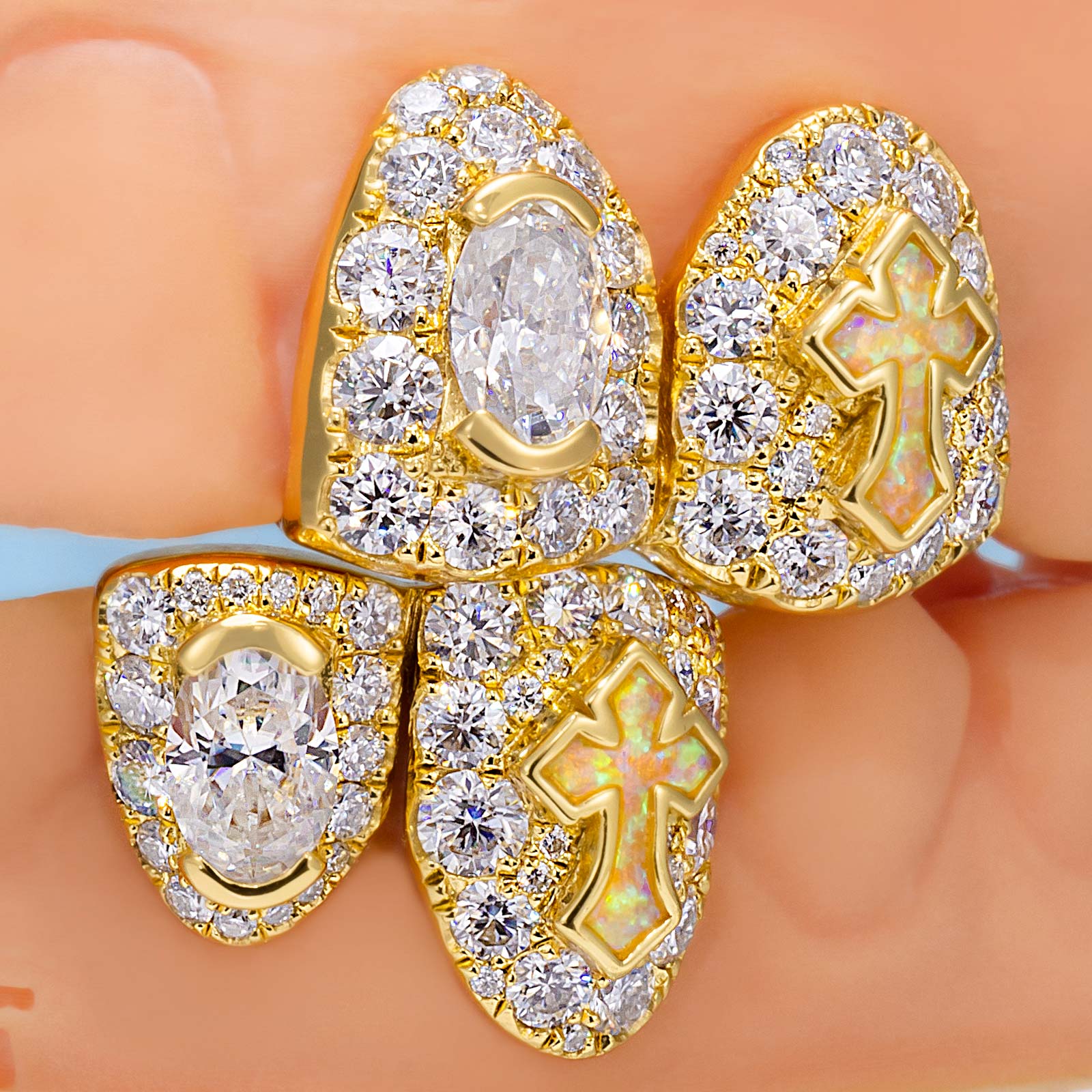 Oval Cut Diamond On Center W Opal Cross Fang Grillz - Image 4