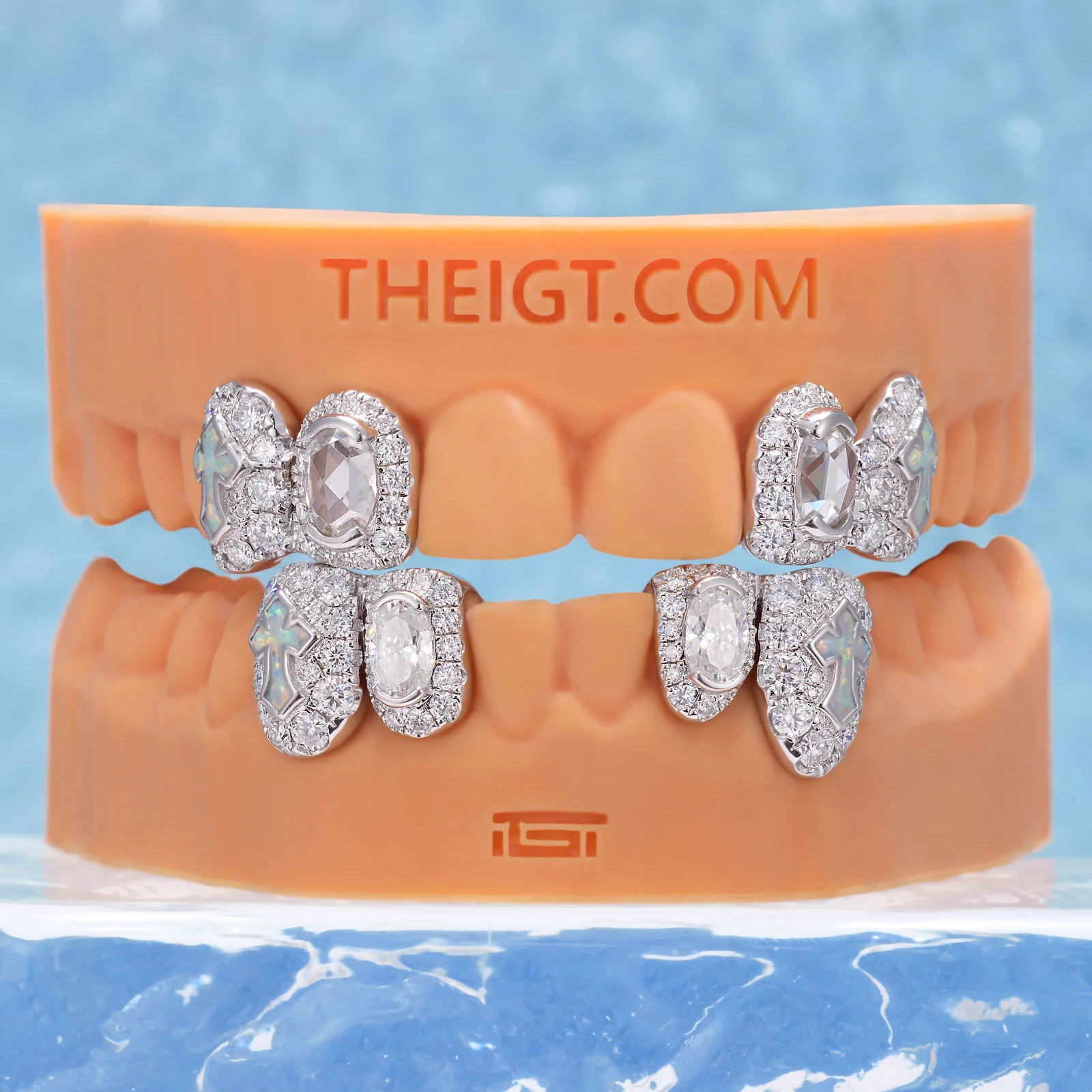 Oval Cut Diamond On Center W Opal Cross Fang Grillz - Image 5