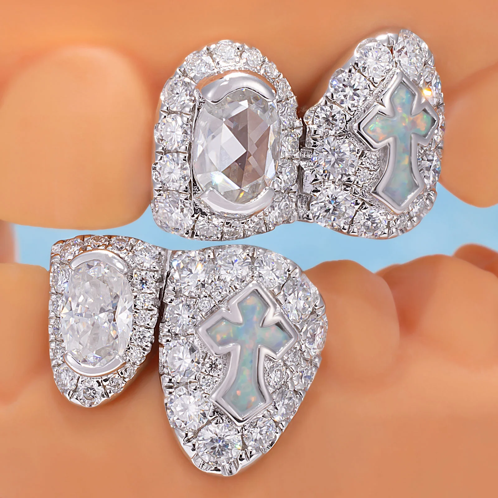 Oval Cut Diamond On Center W Opal Cross Fang Grillz - Image 6