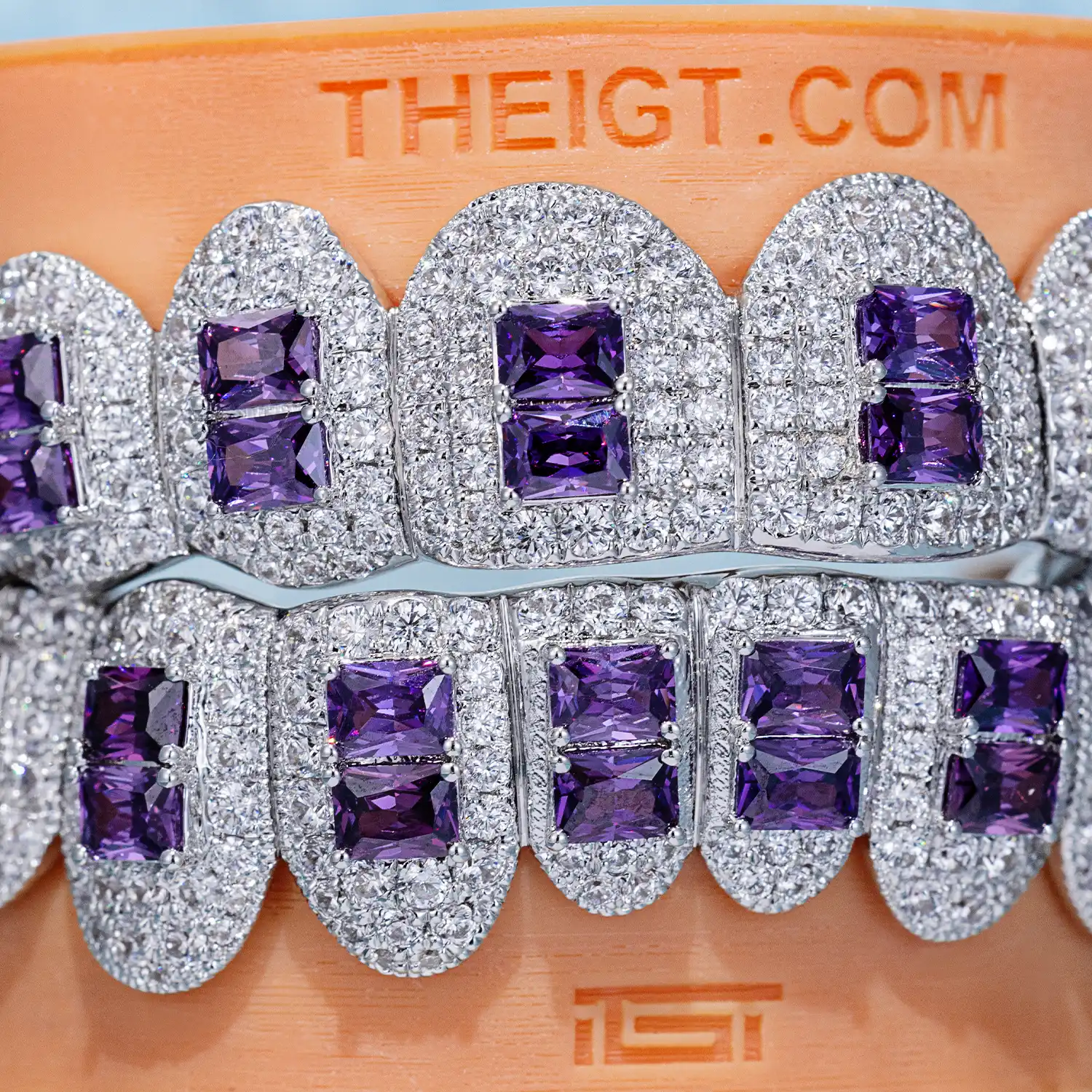 Pave Setting Diamond Grillz Radiant Cut Purple Sapphire - Image 3