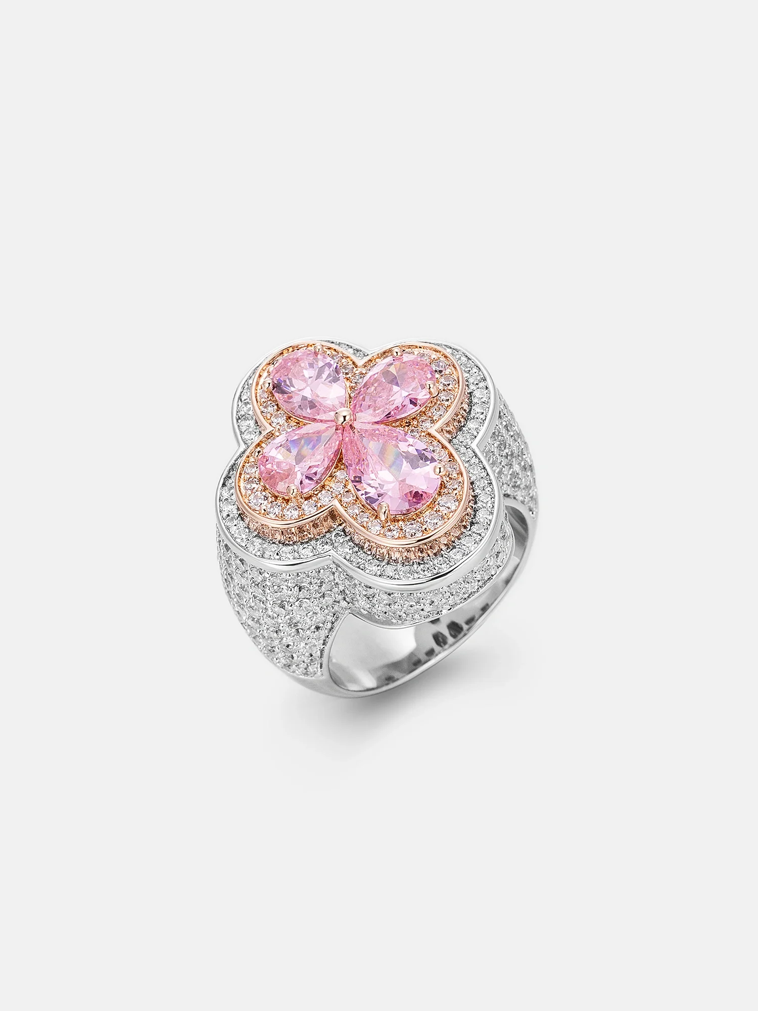 Pink Gemstone Moissanite Four Leaf Clover Ring - Image 3