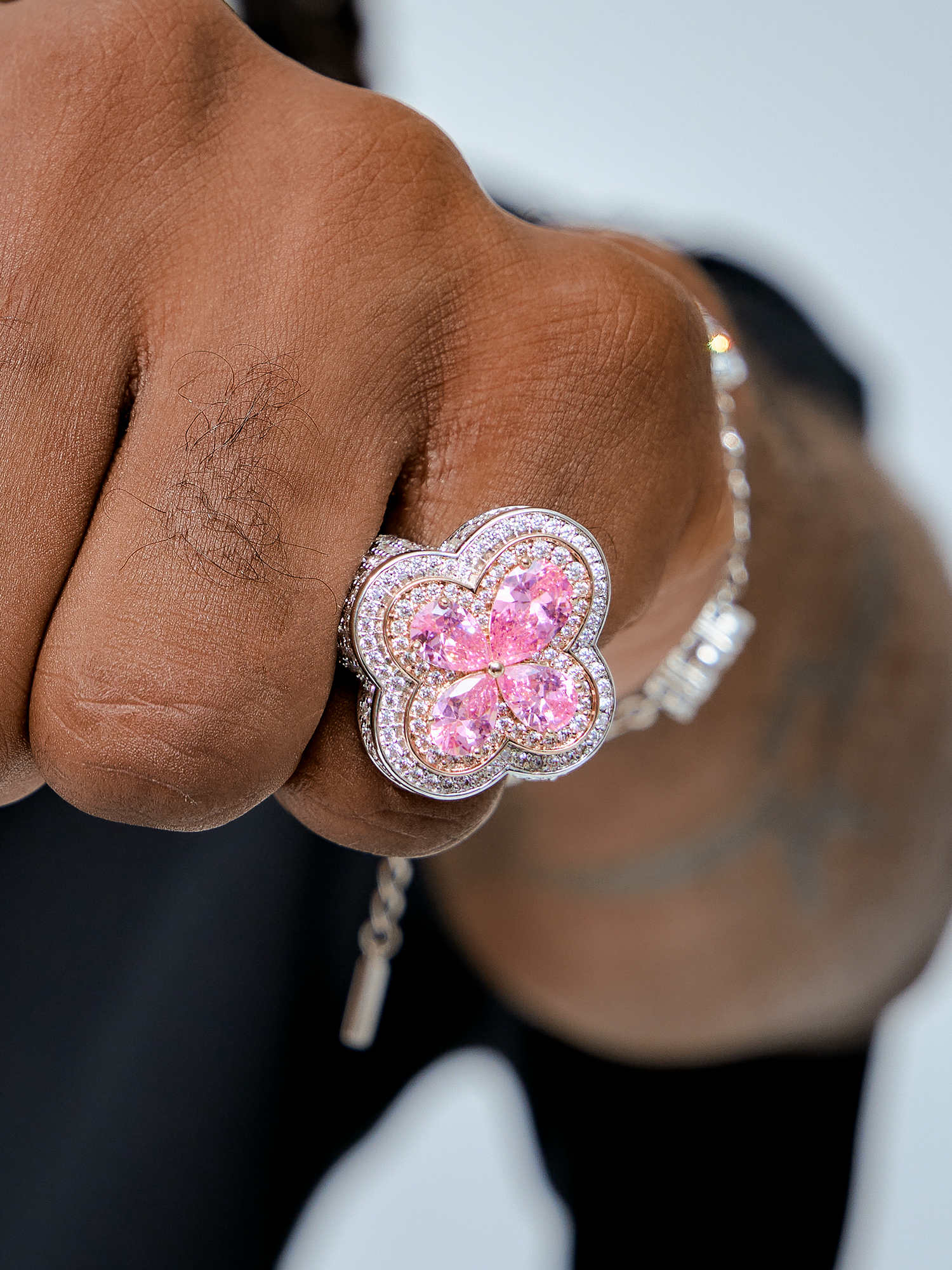 Pink Gemstone Moissanite Four Leaf Clover Ring - Image 6