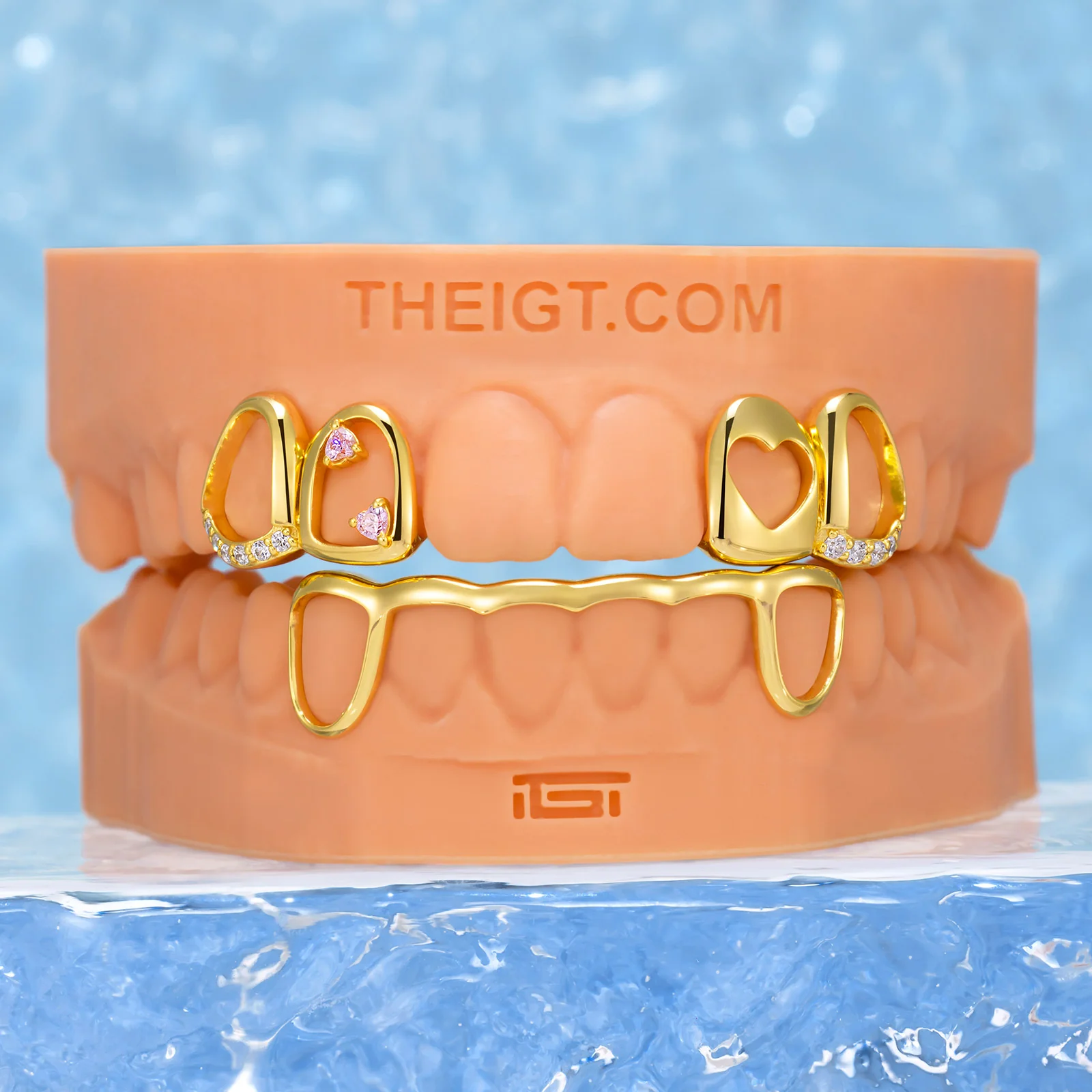 Pink Stone & Gold Heart Open Grillz