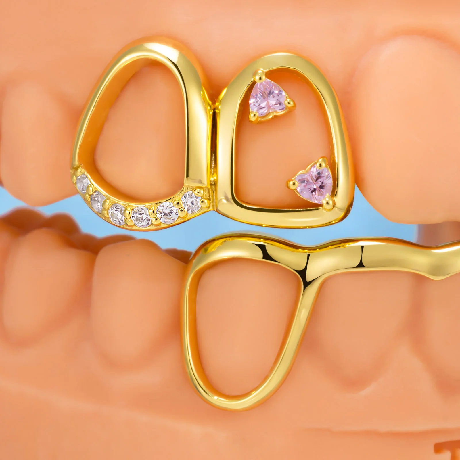 Pink Stone & Gold Heart Open Grillz - Image 2