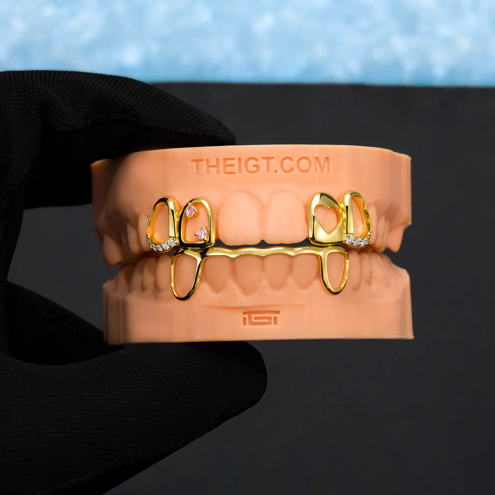 Pink Stone & Gold Heart Open Grillz - Image 6
