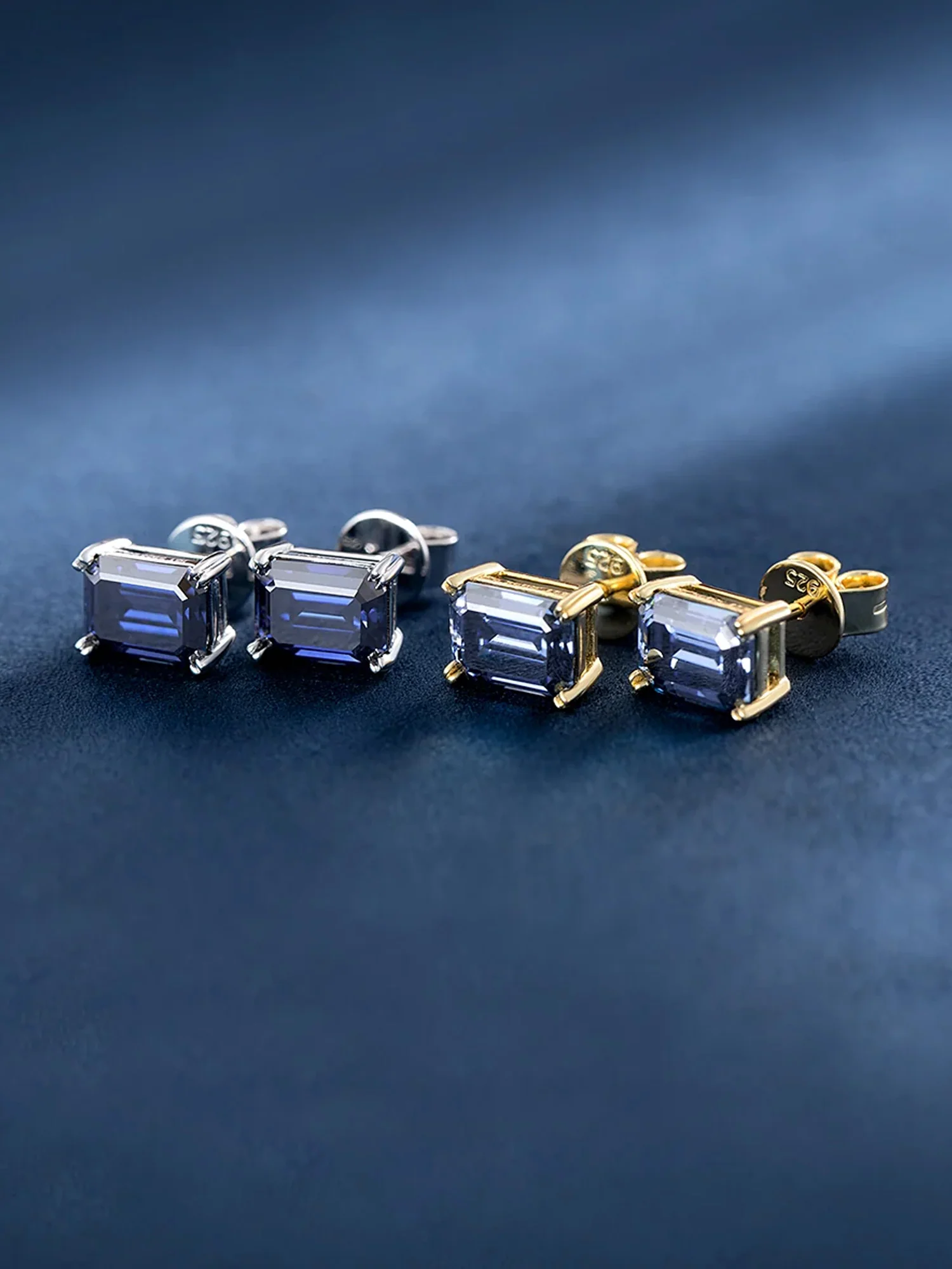 Royal Blue Moissanite Emerald Cut Stud Earrings-4.00 Carat Total - Image 2