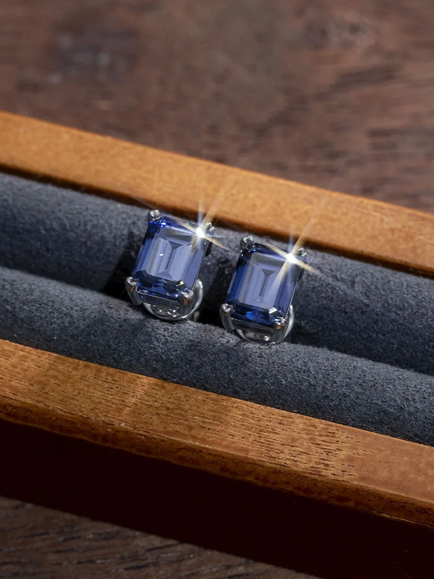 Royal Blue Moissanite Emerald Cut Stud Earrings-4.00 Carat Total - Image 4
