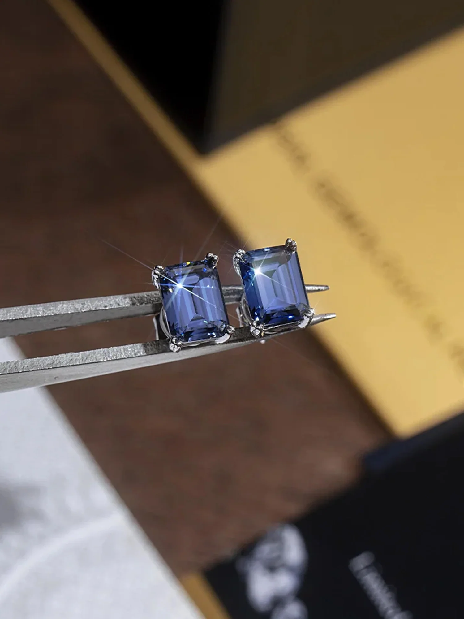 Royal Blue Moissanite Emerald Cut Stud Earrings-4.00 Carat Total - Image 6