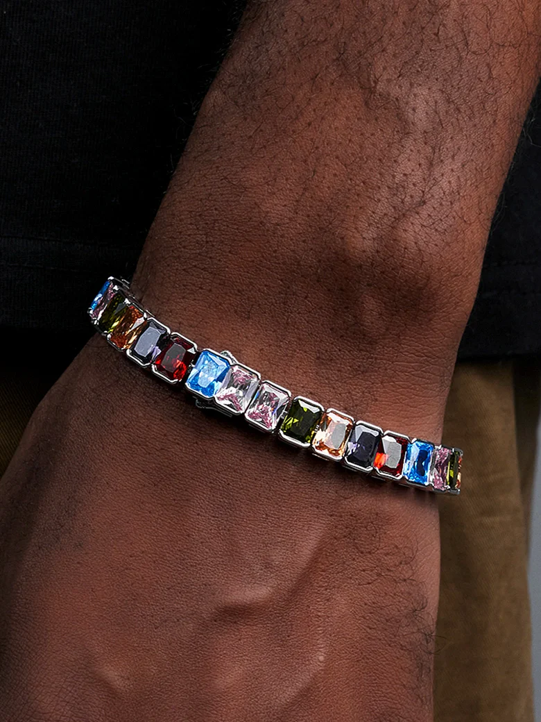S925 Colored Gemstones Emerald Cut Tennis Bracelet - Image 6