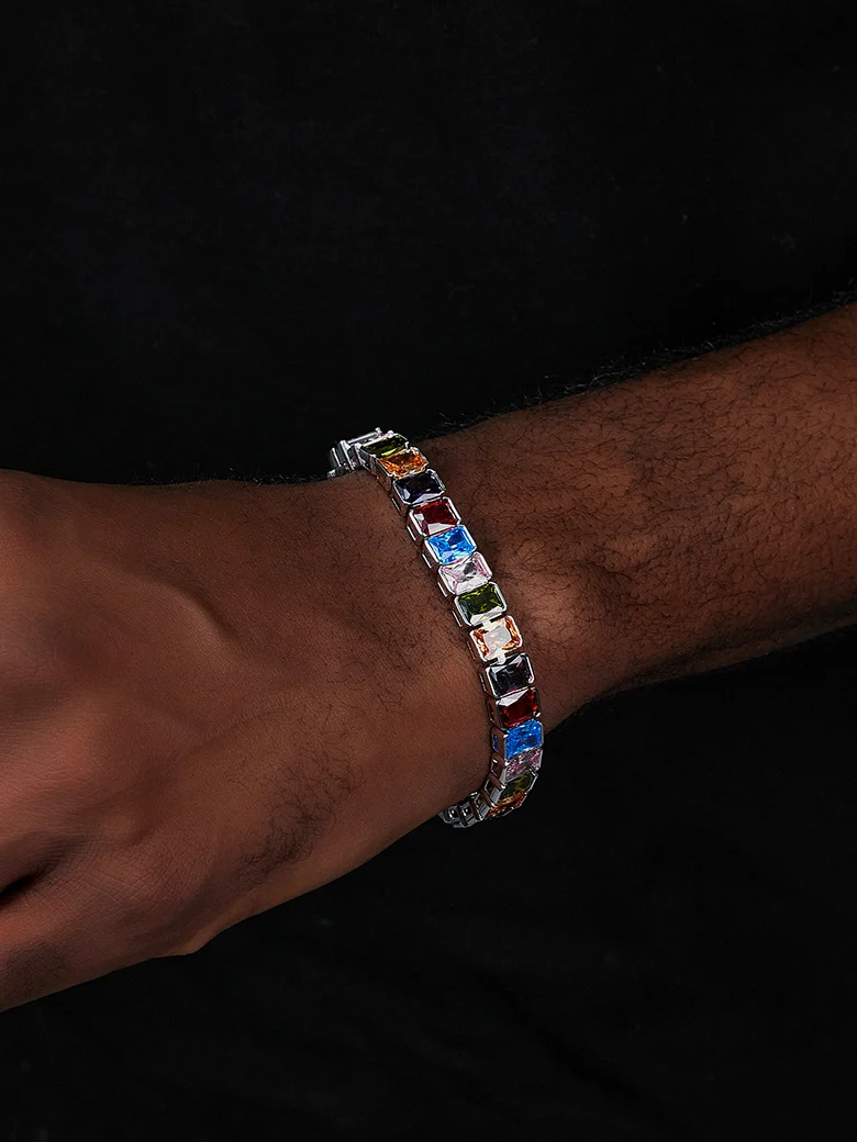 S925 Colored Gemstones Emerald Cut Tennis Bracelet - Image 7