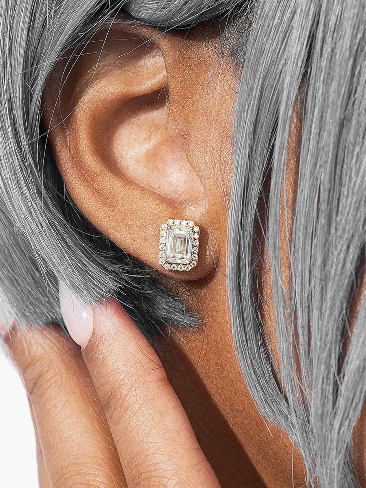 S925 Moissanite Emerald Cut Halo Stud Earrings - Image 7